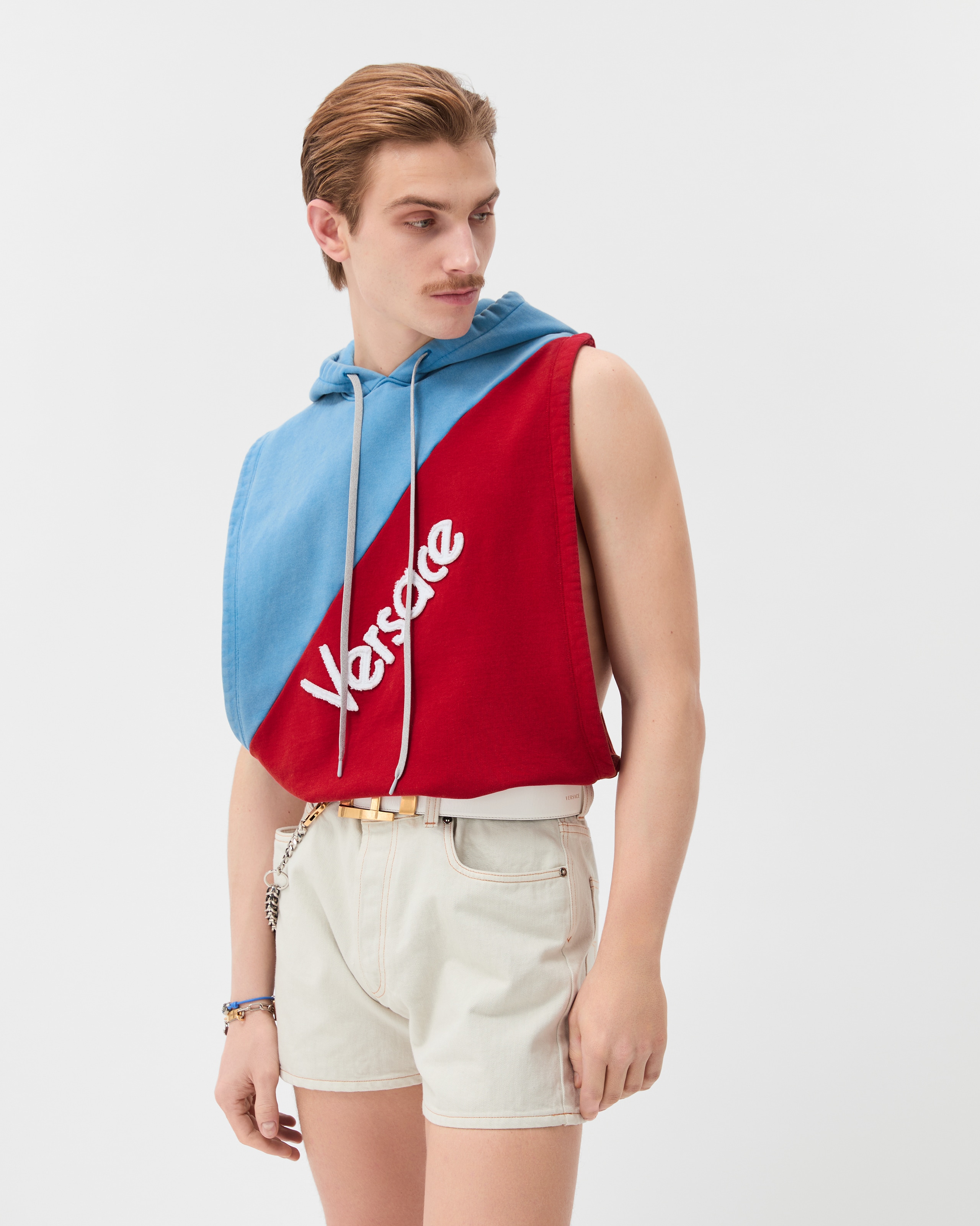 Embroidered Cotton Sleeveless Hoodie Blue,Red | VERSACE US
