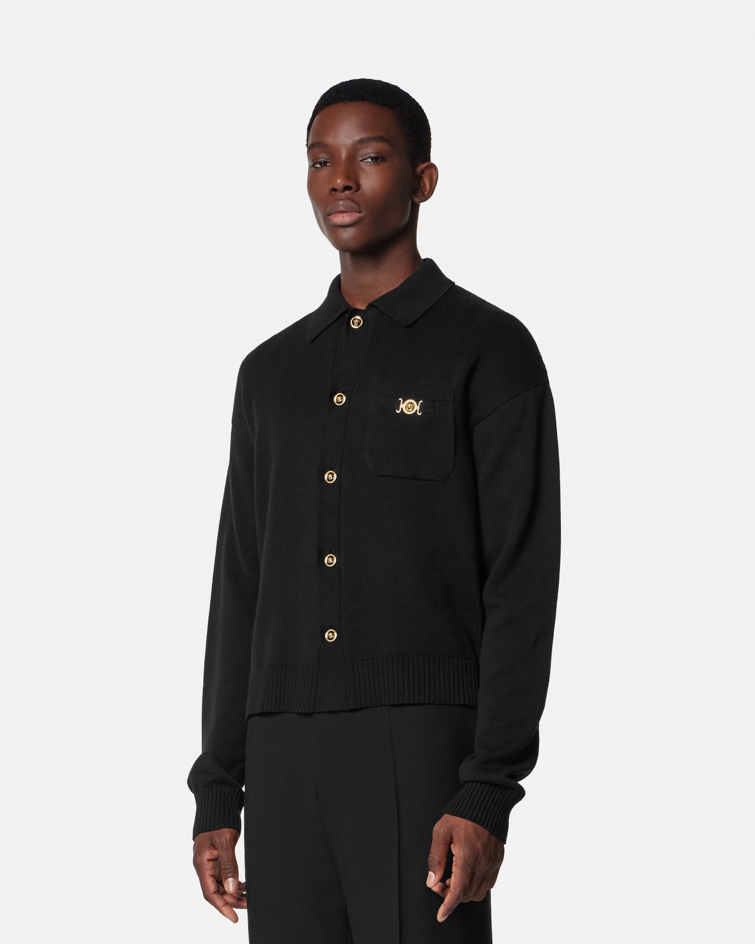 Cashmere-Cotton Knit Polo Cardigan Black | VERSACE US