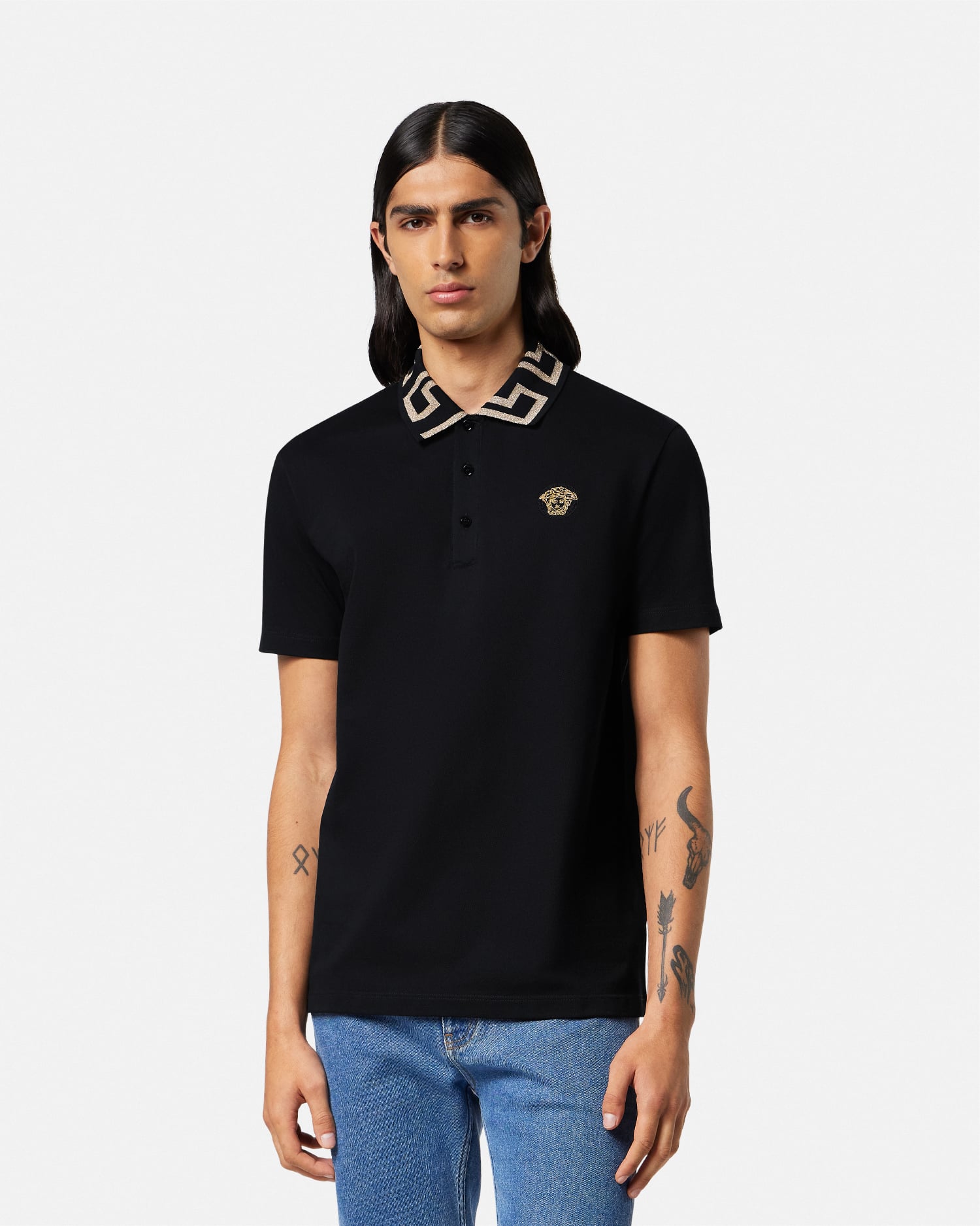 Embroidered Cotton Piqué Polo Black | VERSACE US