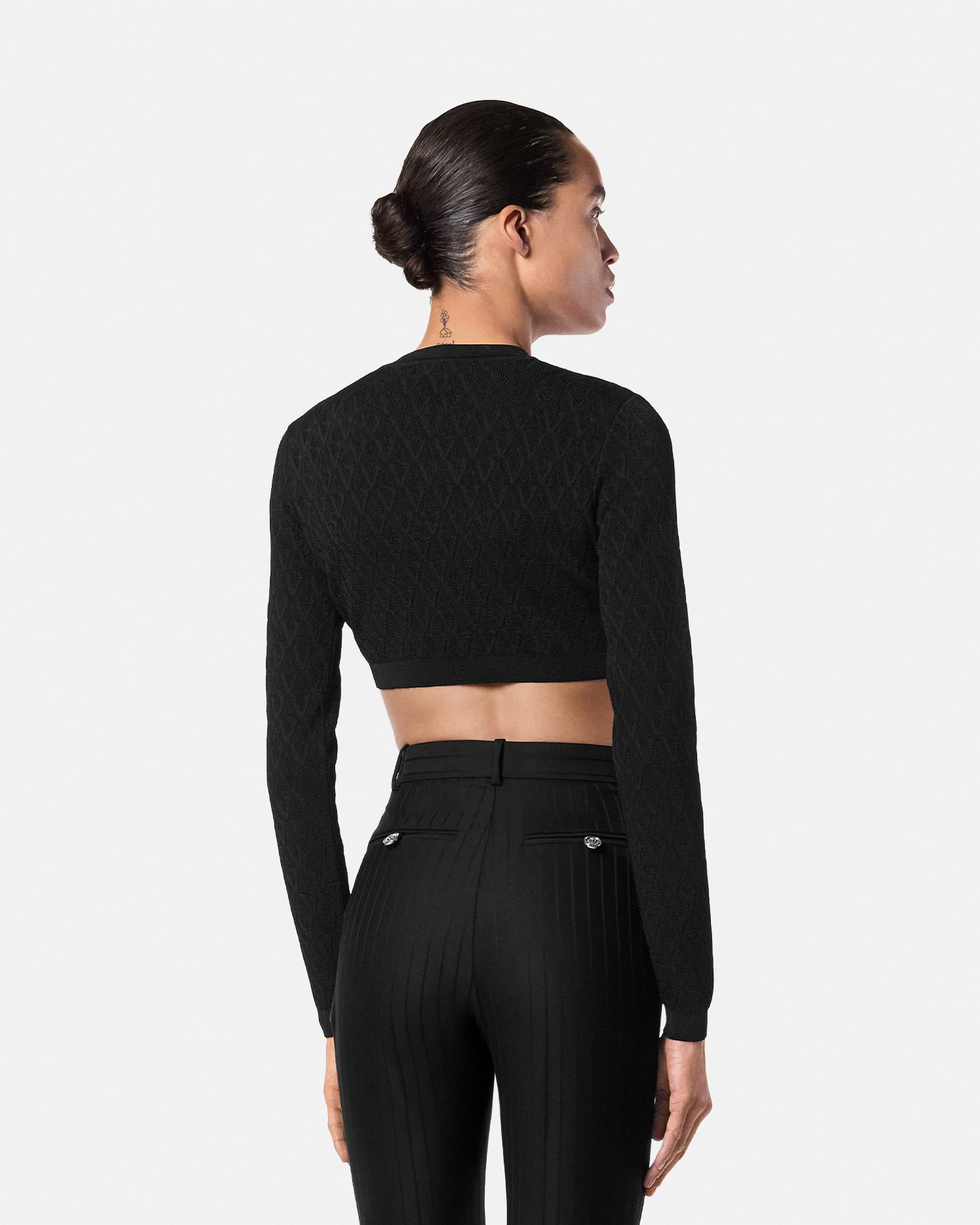Jacquard Stretch Viscose Knit Crop Cardigan Black | VERSACE US