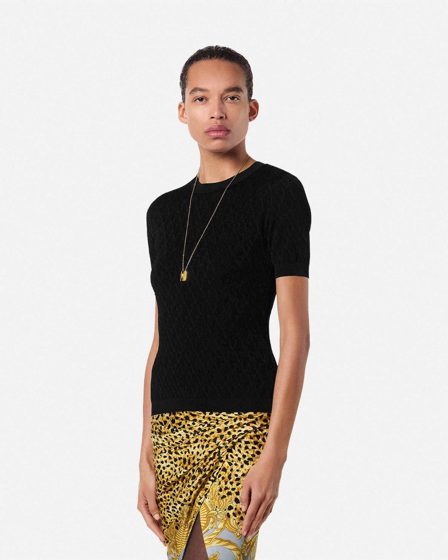 V Allover Jacquard Fitted Knit T-Shirt