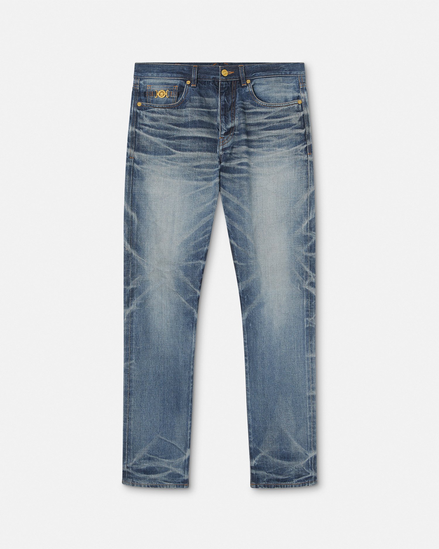 Versace Blue Jeans With Regular Fit And Medusa Hardware In Bleu