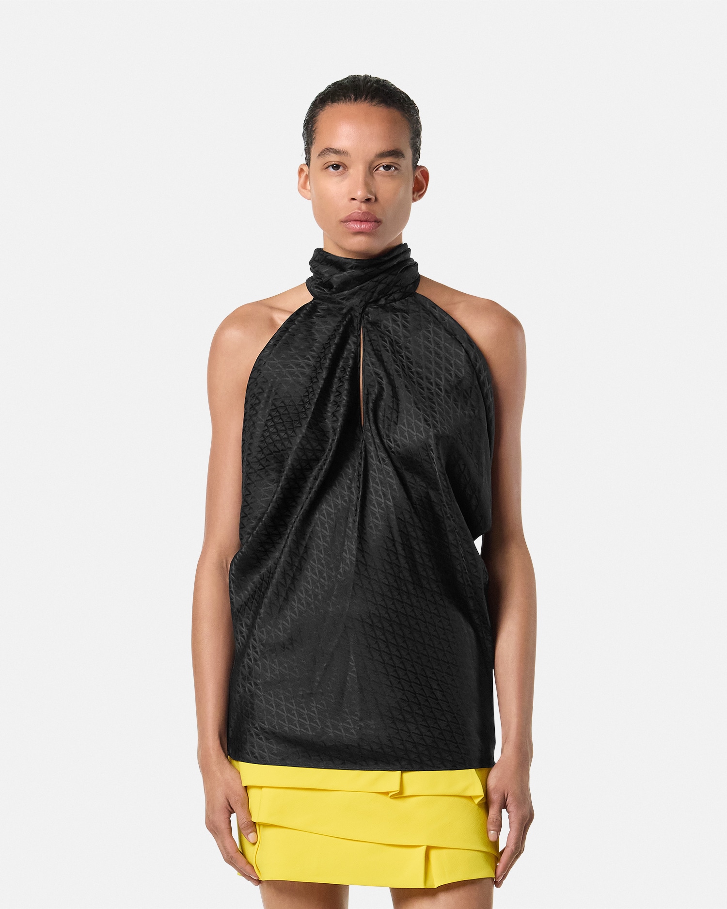 V Allover Jacquard Silk Lavallière Top