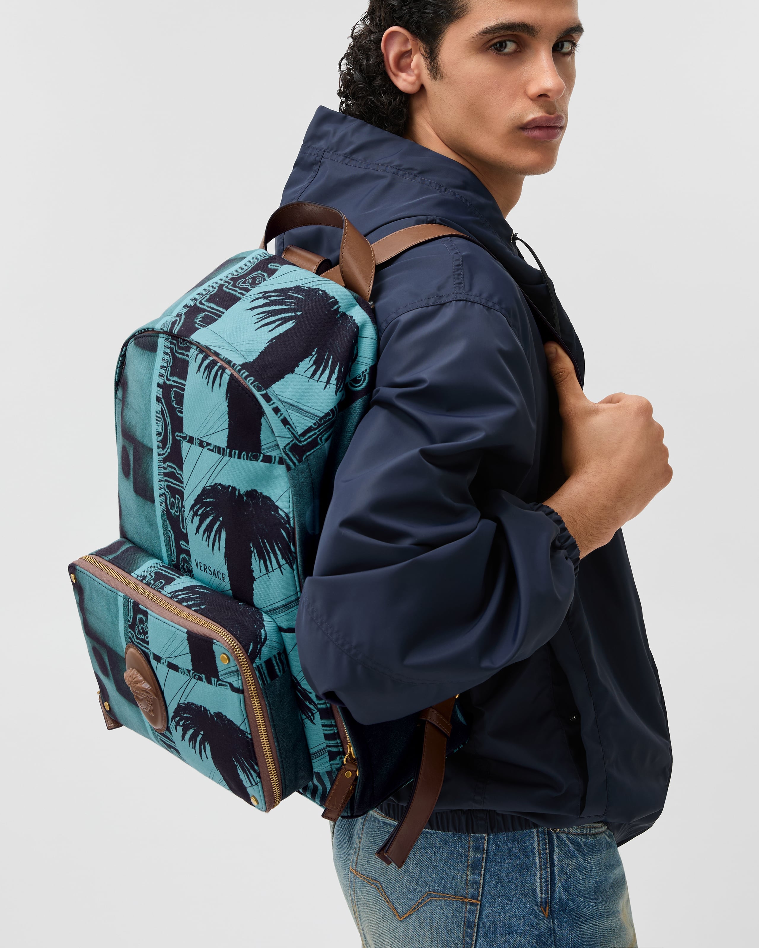 Versace Lou Printed Canvas Backpack In Blue