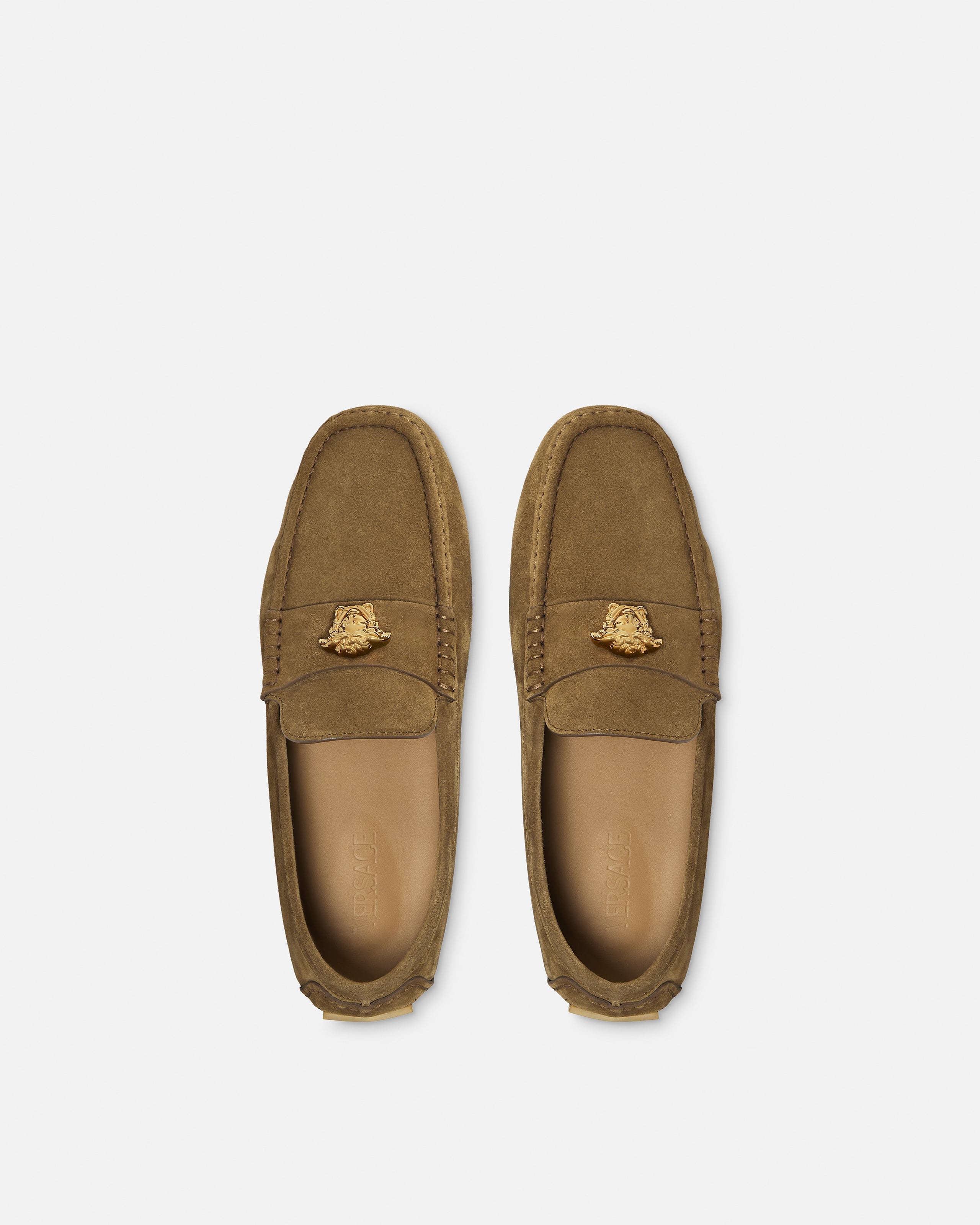 La Medusa Suede Driver Shoes Brown,Gold | VERSACE US