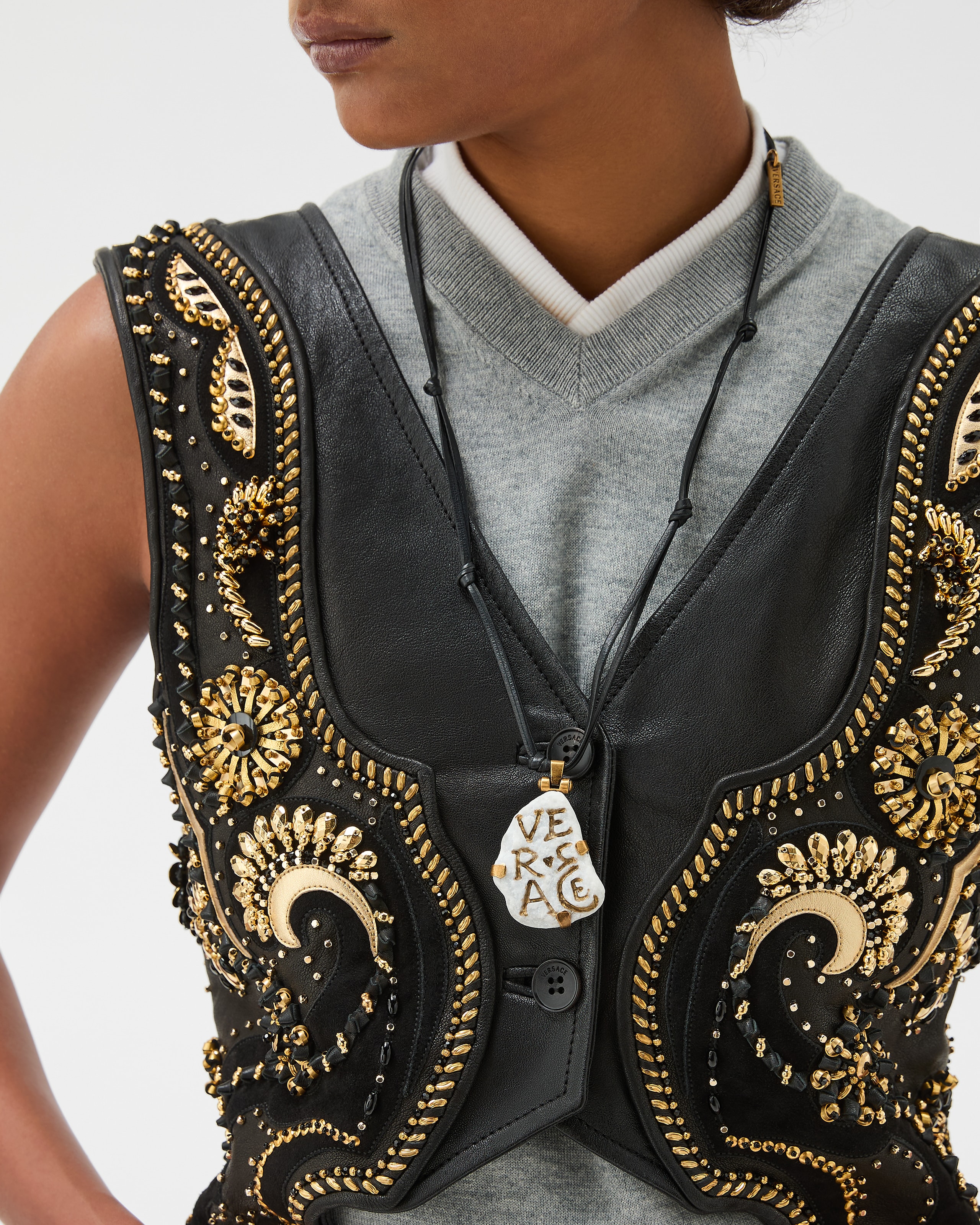 Embroidered Crop Leather Vest Black | VERSACE US