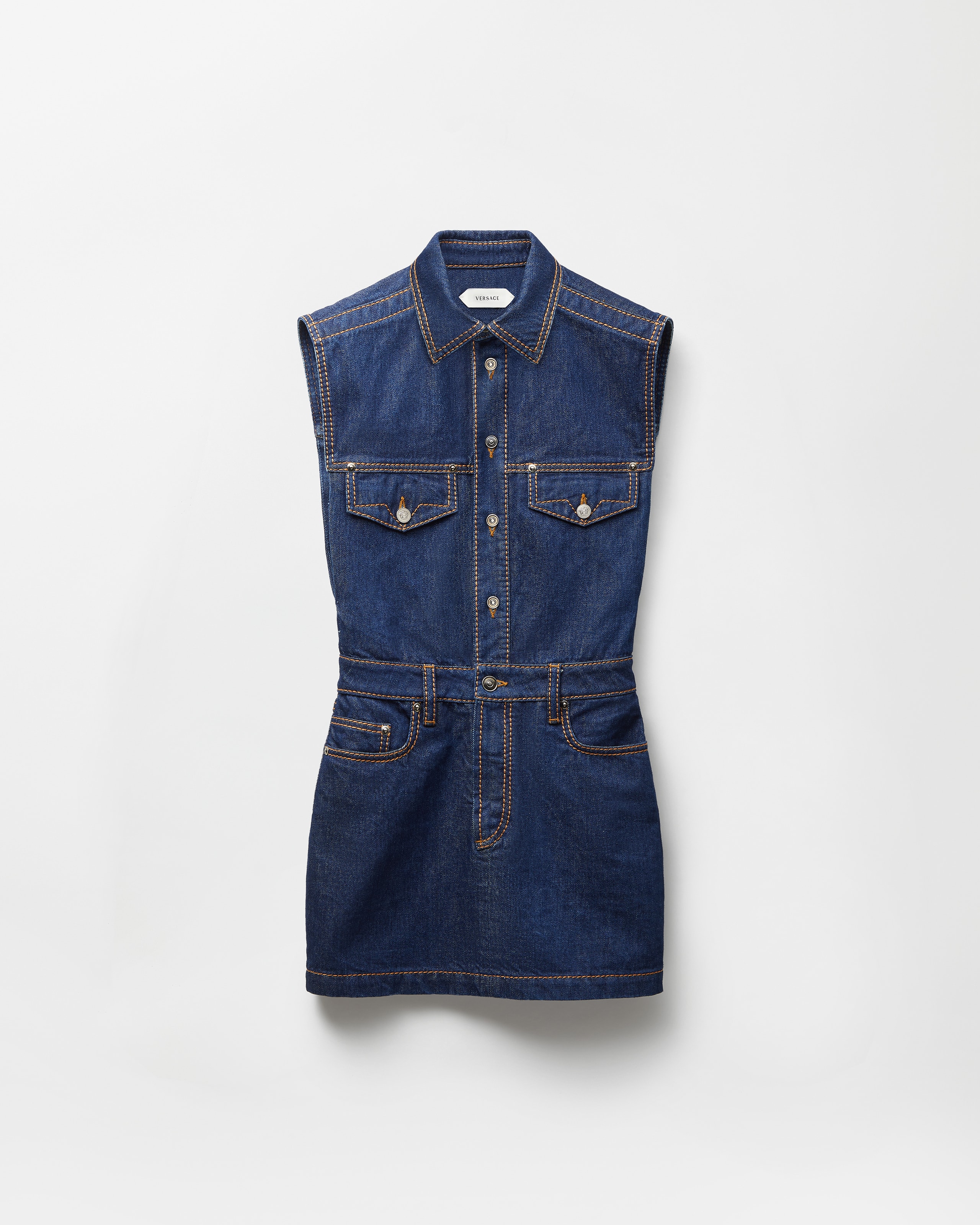 versace denim dress Suede-trimmed denim mini dress - mid denim