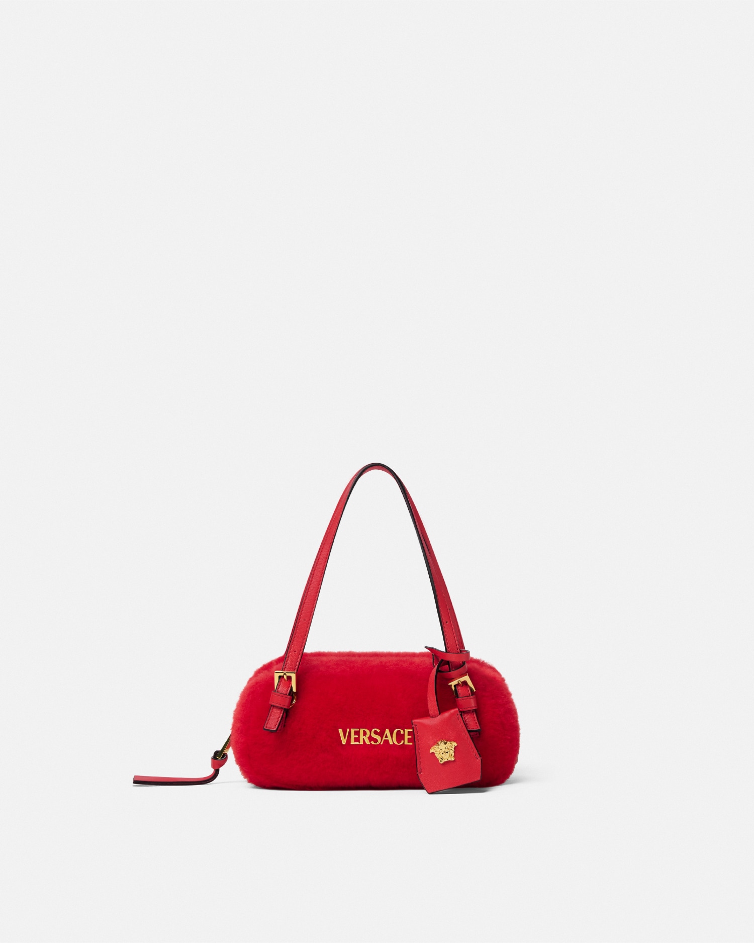 Versace Tag Shearling Bowling Mini Bag In Red