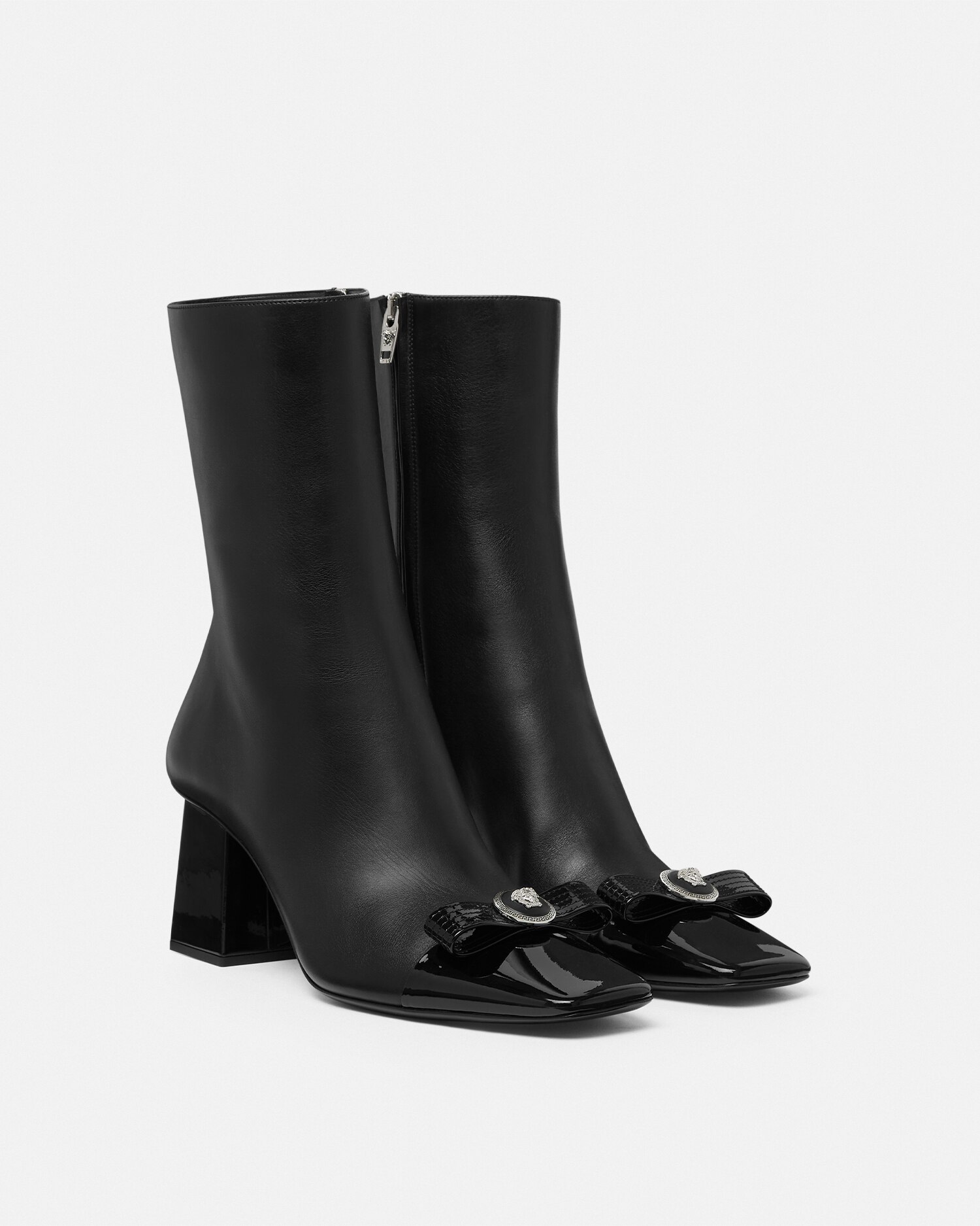Shop Versace Gianni Ribbon Bottines 70 Mm In Black+silver