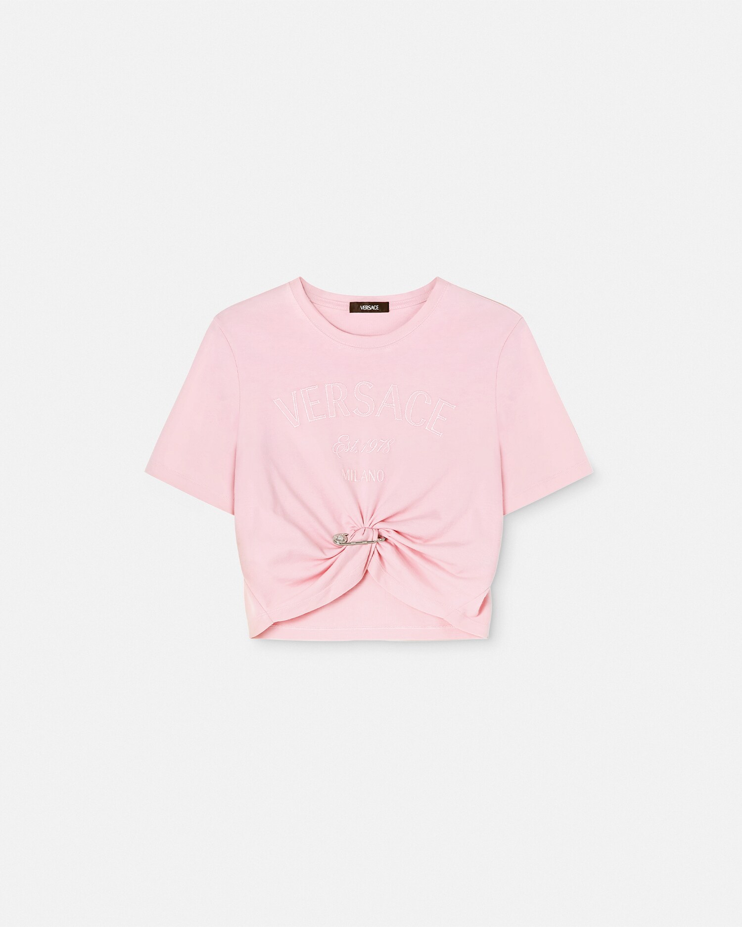 Versace Pale Pink Cotton Cropped Logo T-shirt In White