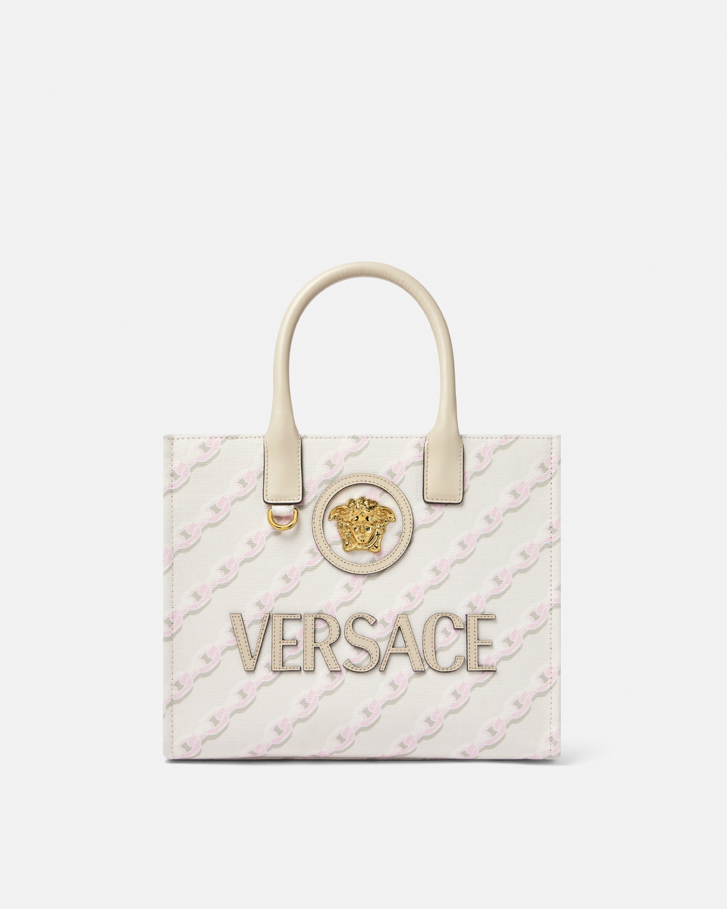 Versace Chain Stripes La Medusa Small Tote Bag In White+pink