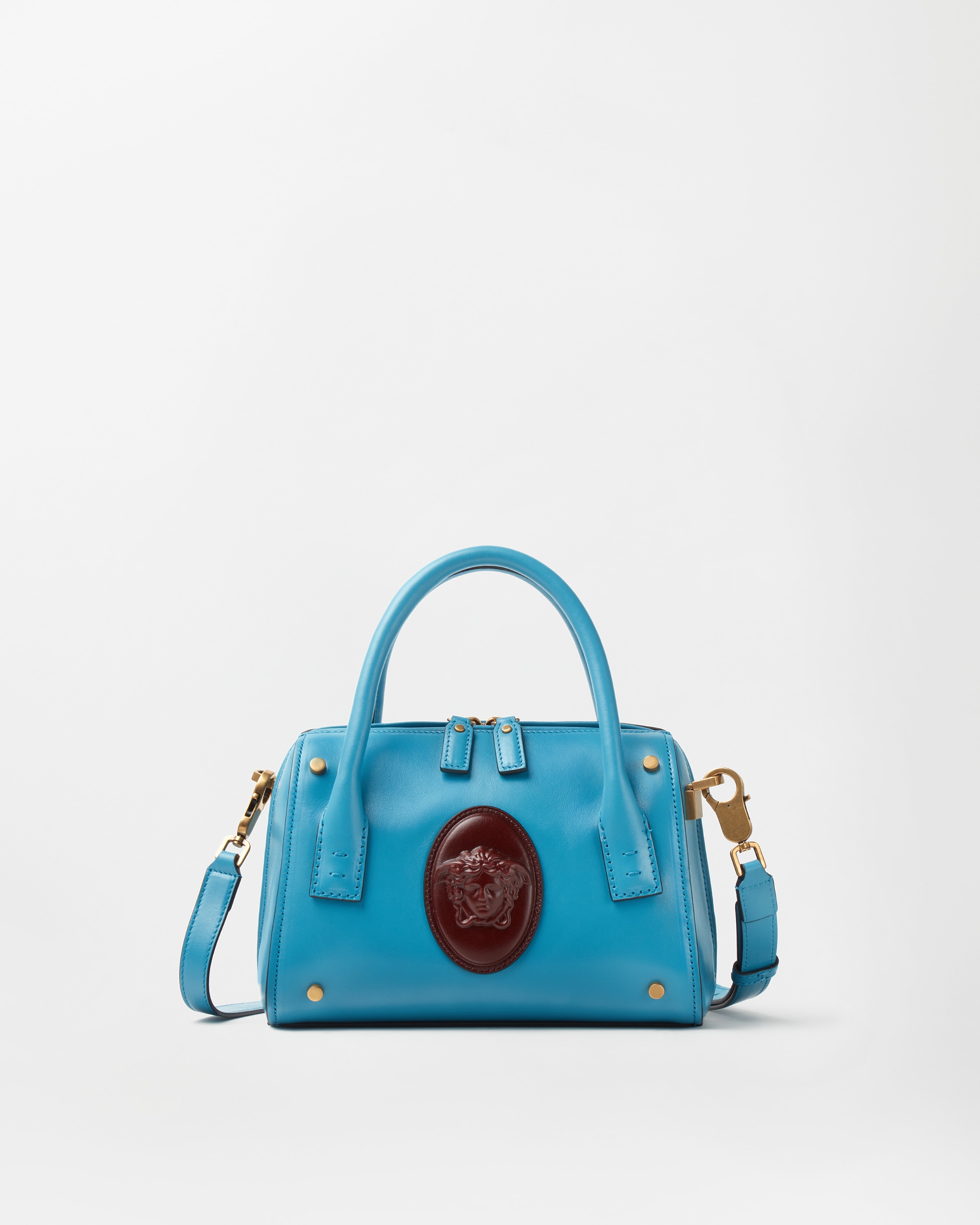 Versace Roomy Small Leather Boston Bag In Light Blue