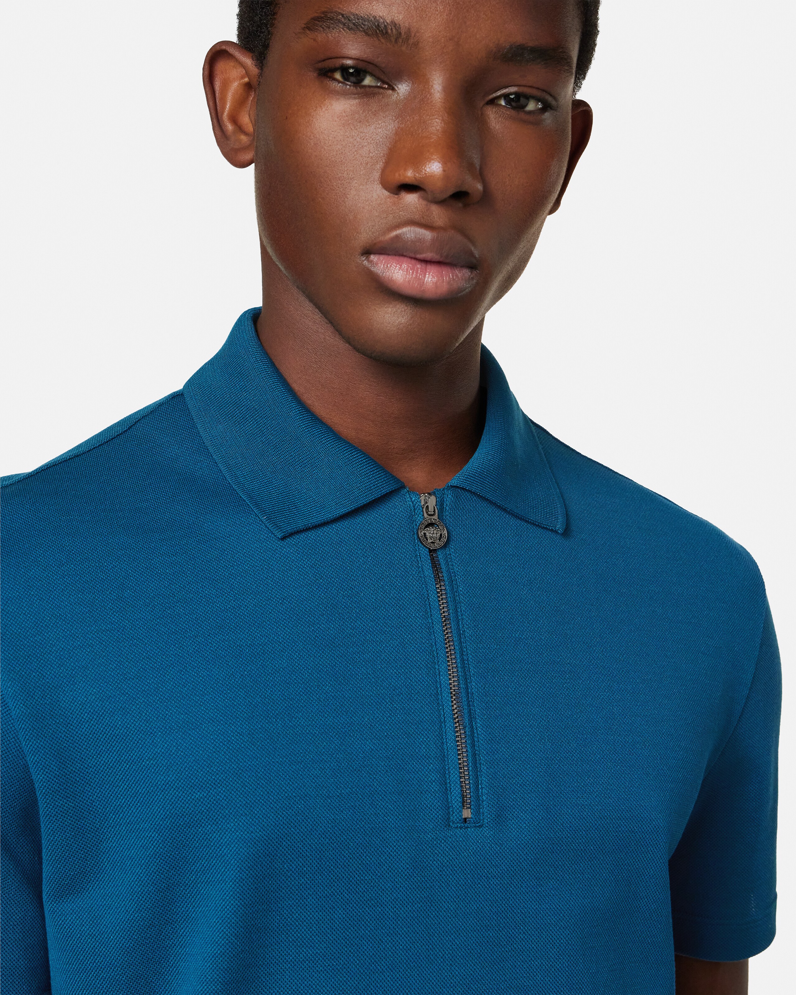 Embroidered Cotton-Piqué Half-Zip Polo Blue | VERSACE US