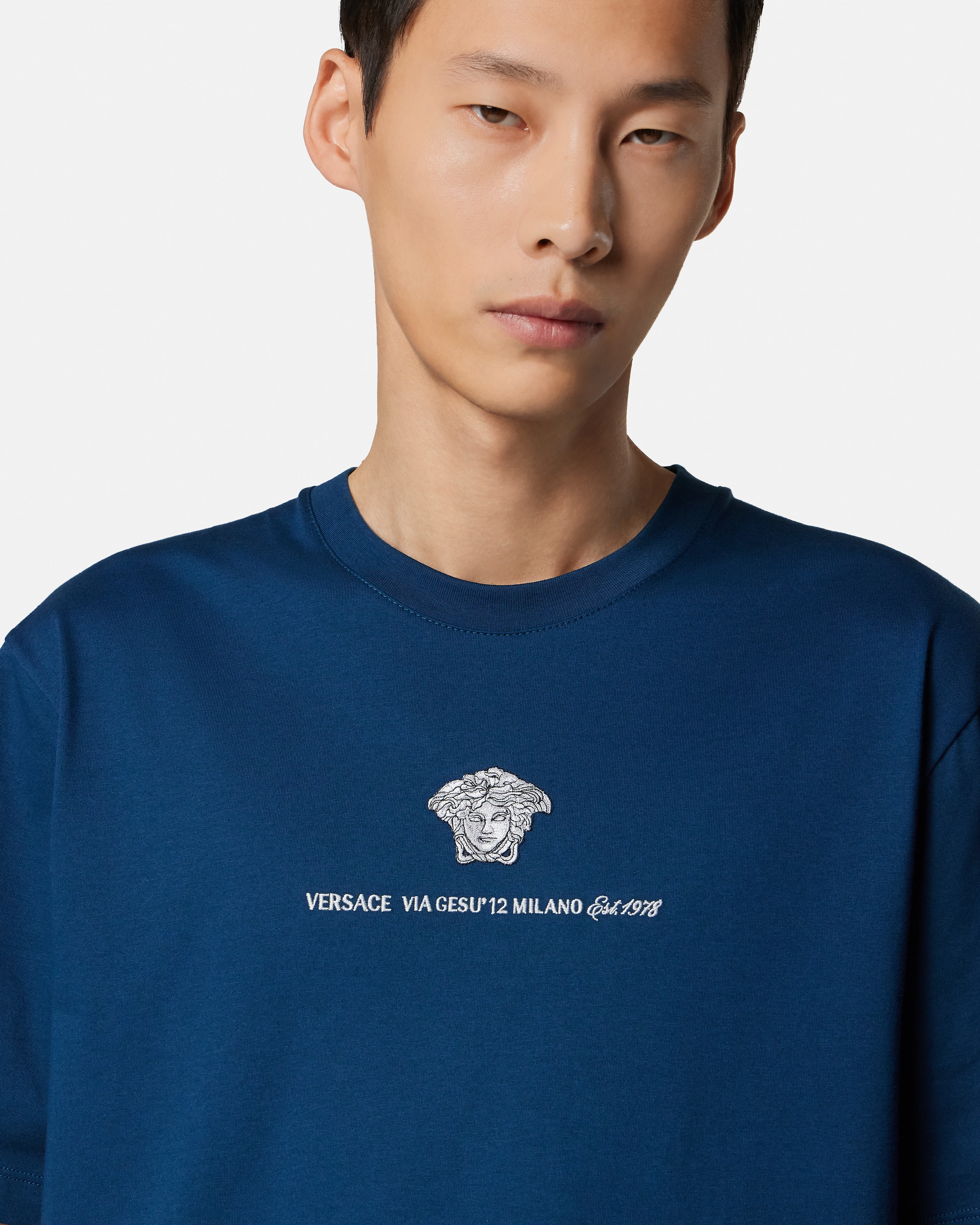 Embroidered Cotton-Jersey T-Shirt Blue | VERSACE US