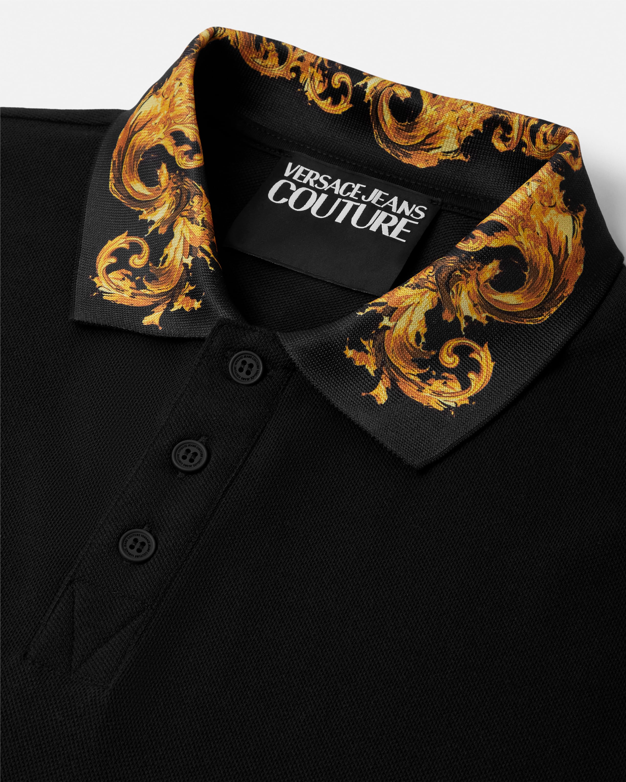 Printed Cotton-Piqué Polo Black,Gold | VERSACE US