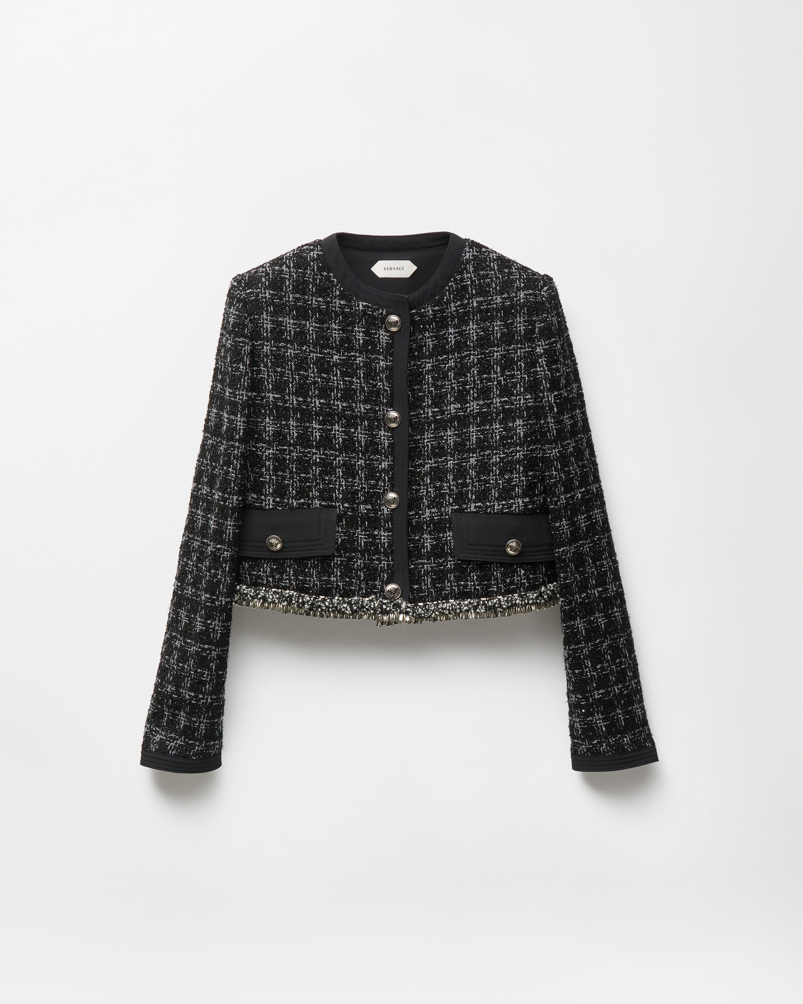 Versace Embellished Tweed Jacket In Black+gray