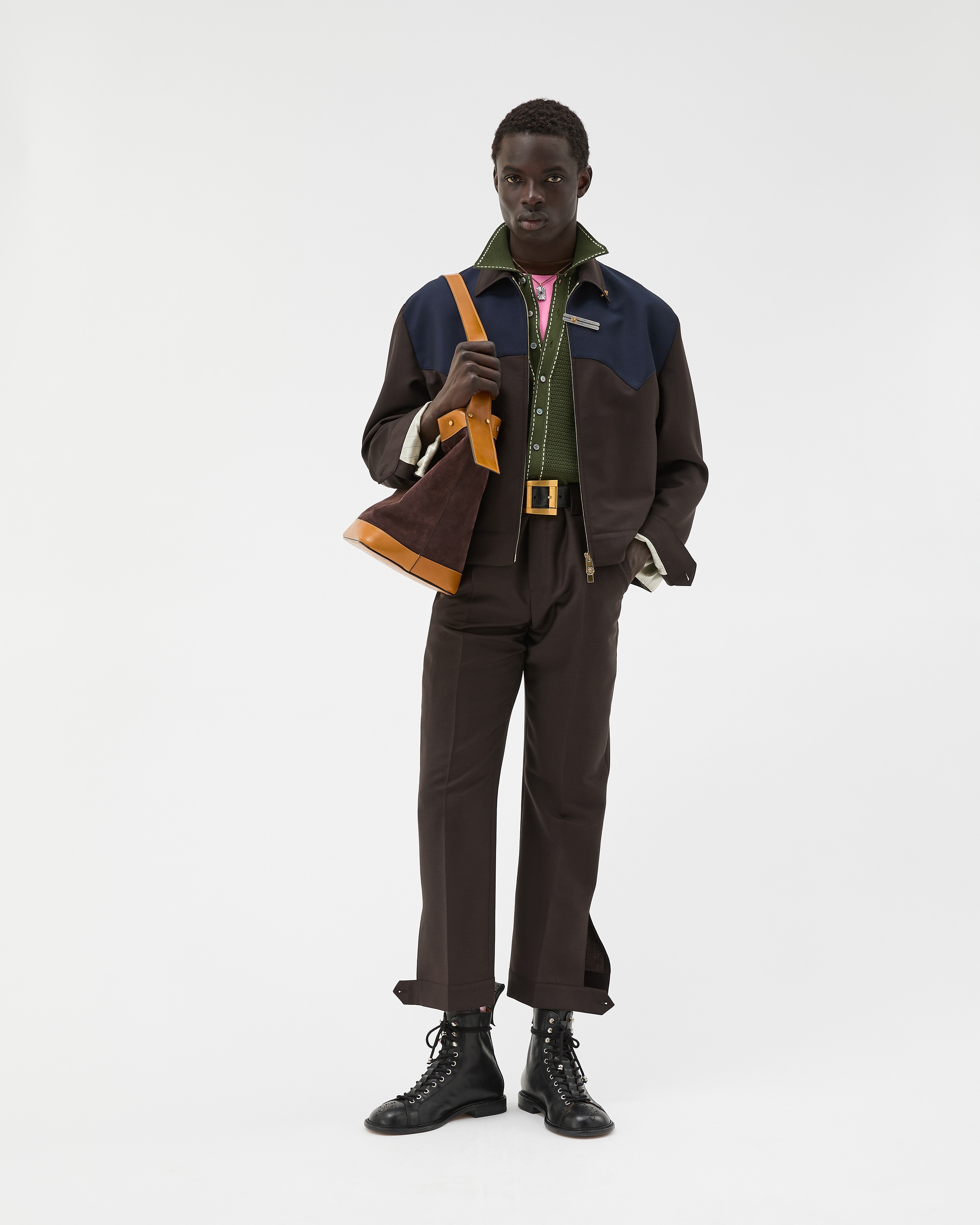 Wool-Mohair Zip Blouson Blue,Brown | VERSACE US