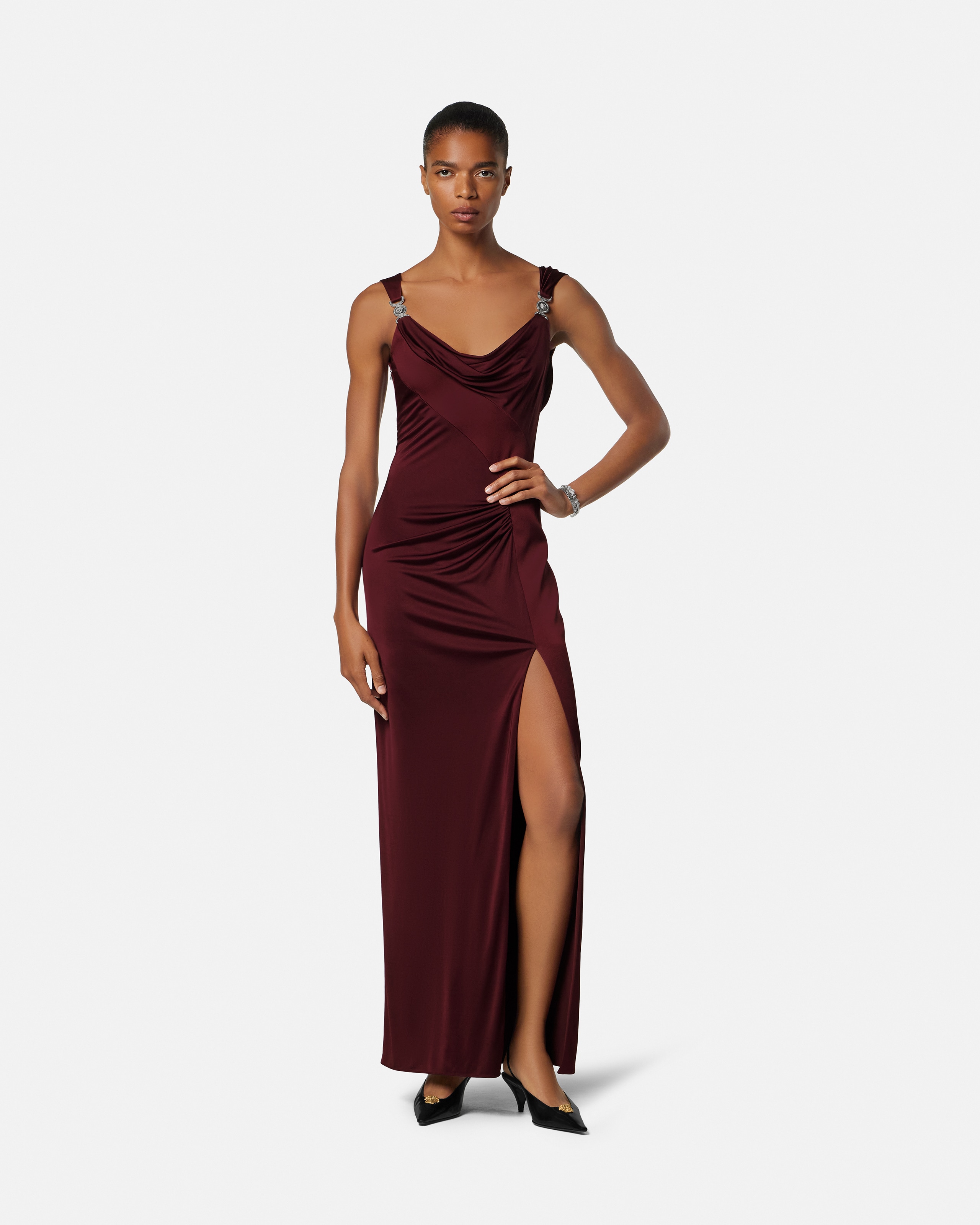 Versace Viscose-jersey Draped Gown In Burgundy