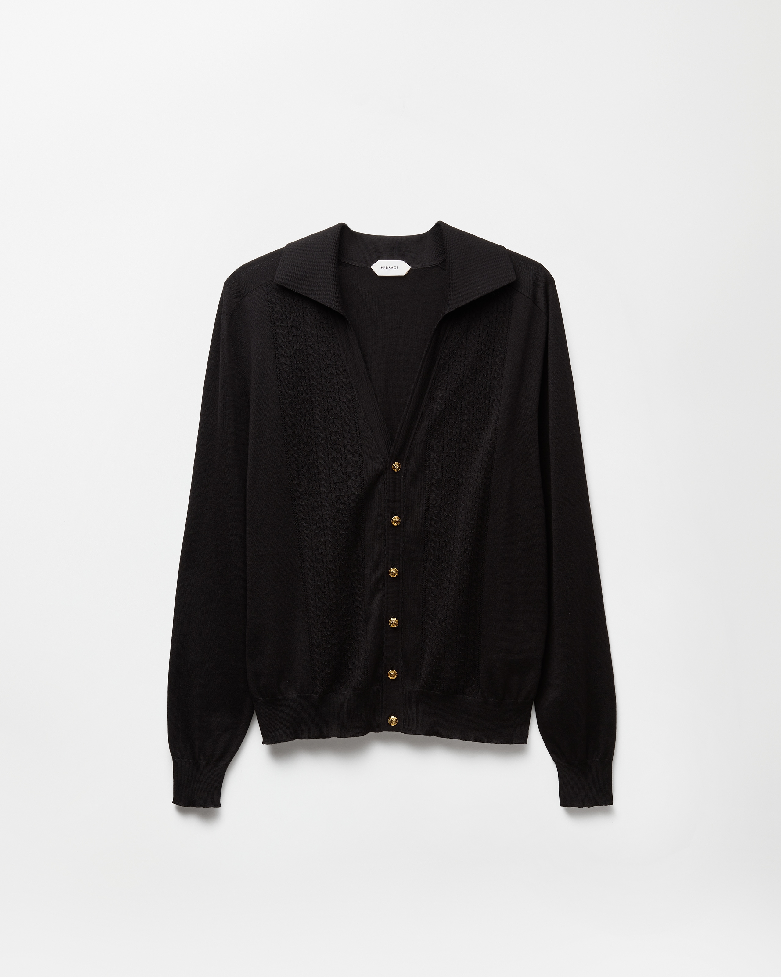 Versace Cardigan Polo En Maille De Soie Et De Coton In Black