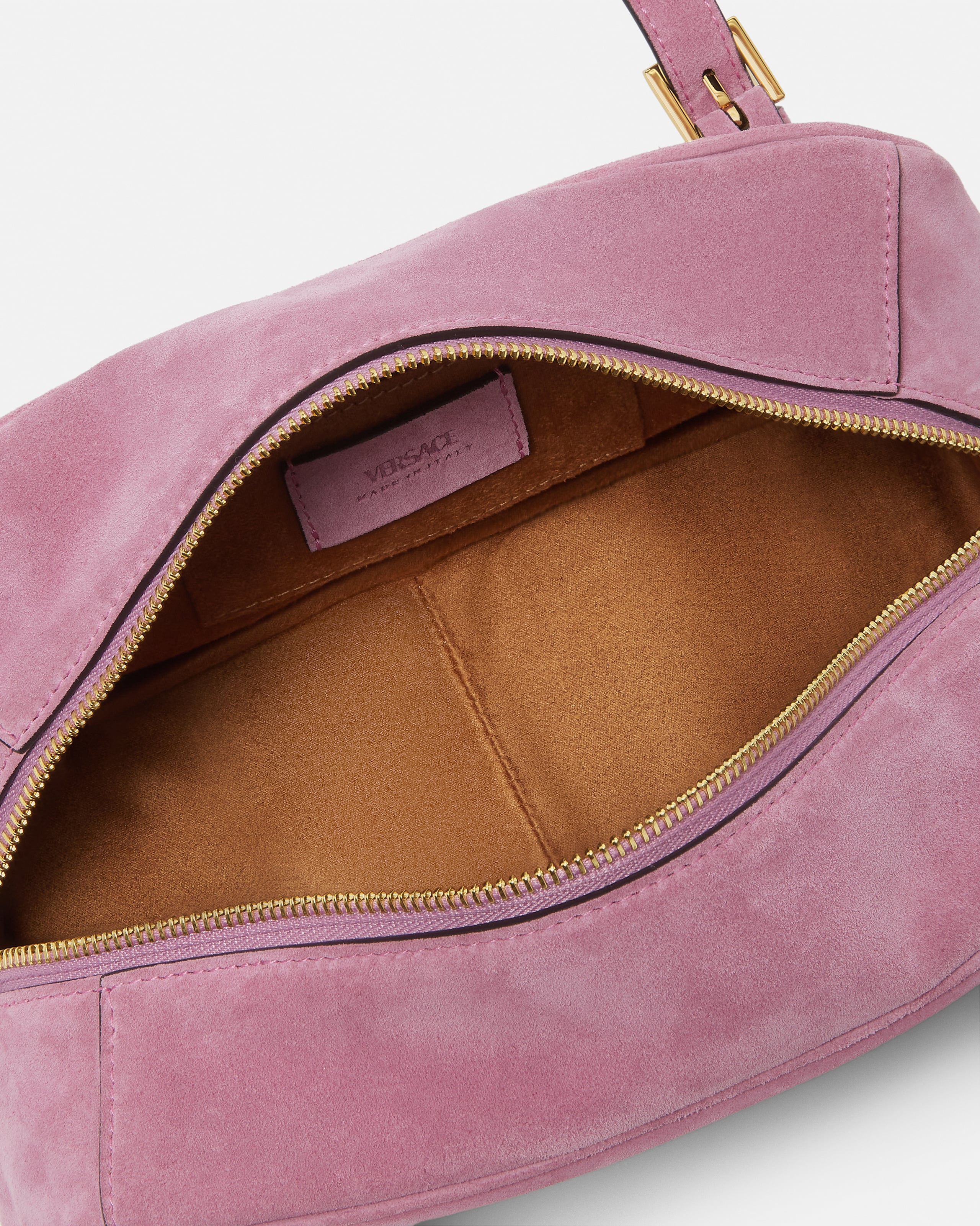 Versace Tag Suede Bowling Bag Pink,Gold | VERSACE US