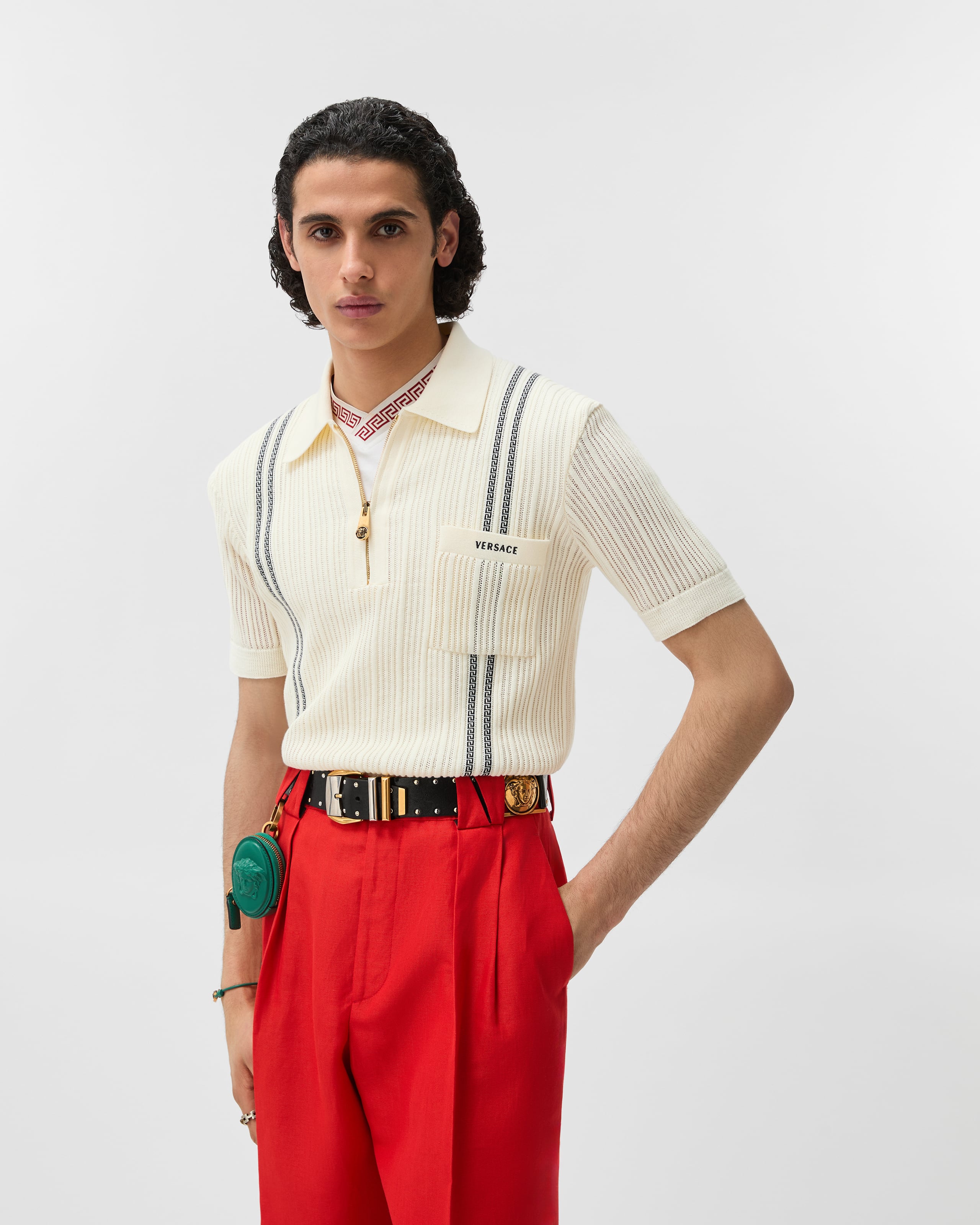 Embroidered-Logo Cotton Knit Polo shirt White | VERSACE IN