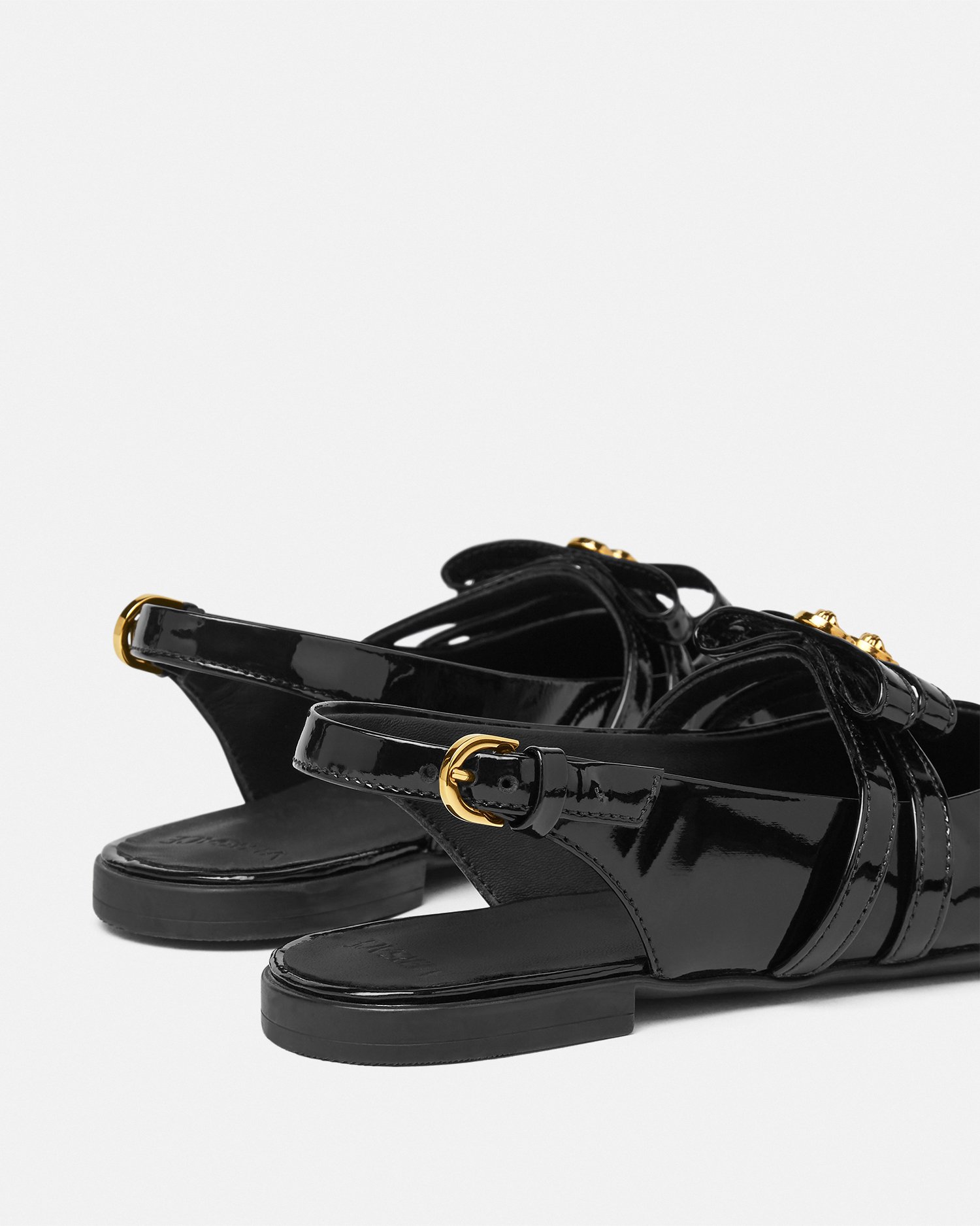 Versace Gianni Ribbon Kids Slingback Ballerinas In Black+gold
