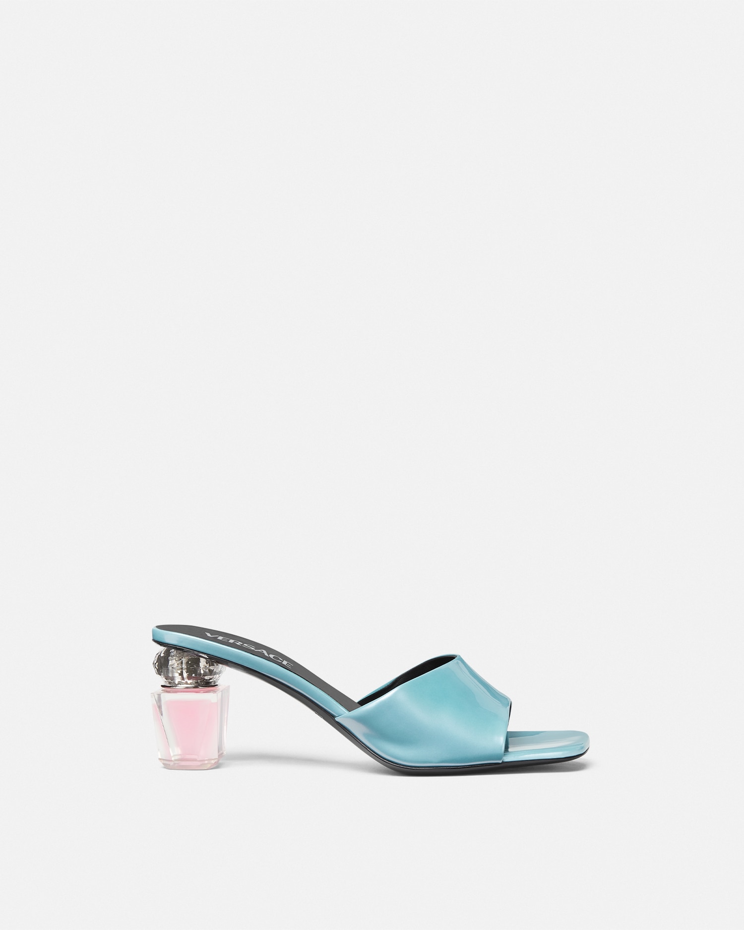 Shop Versace Bright Crystal Mules Vernies 70 Mm In Light Blue+pink
