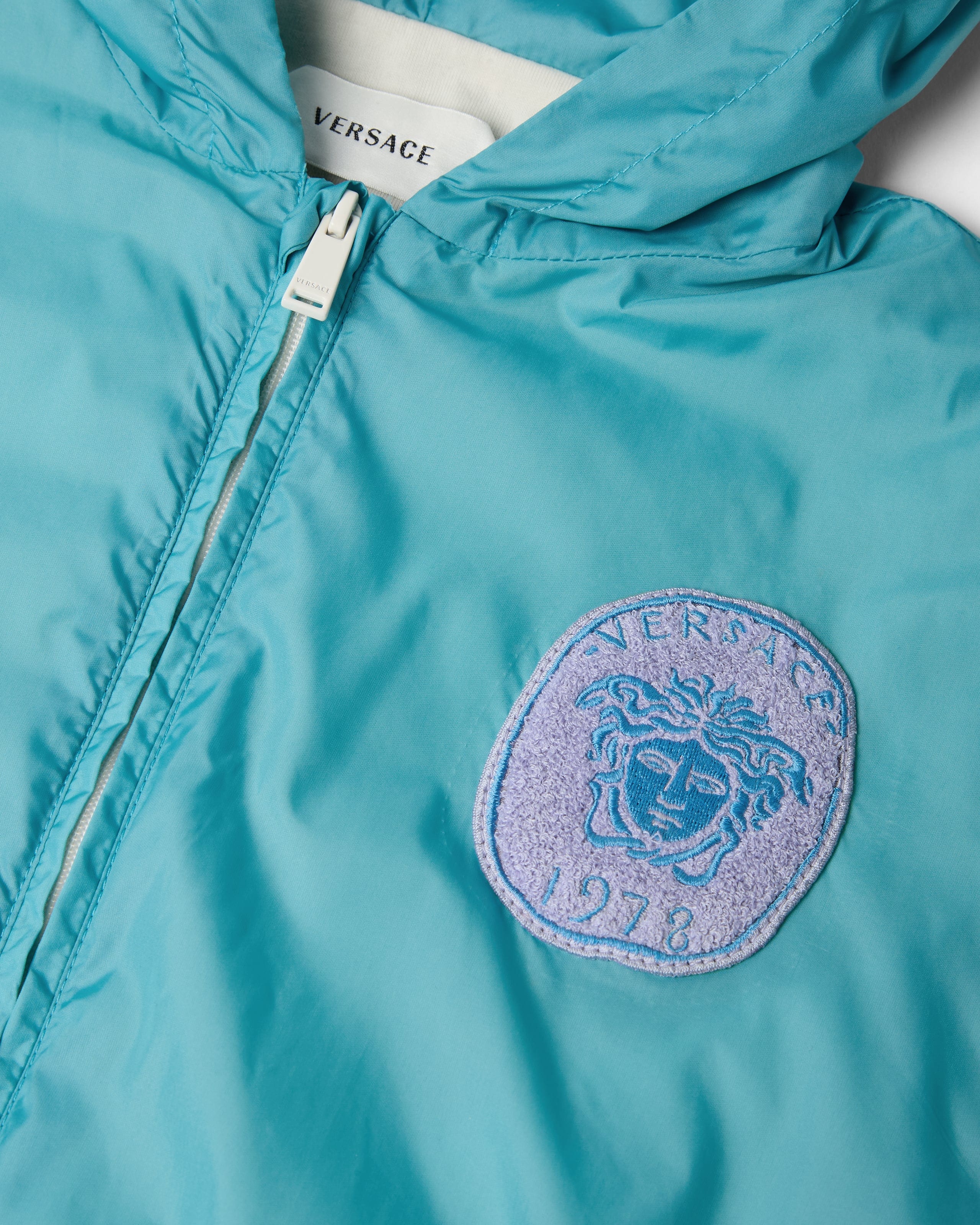 Kids Embroidered Nylon Windbreaker Jacket Blue | VERSACE