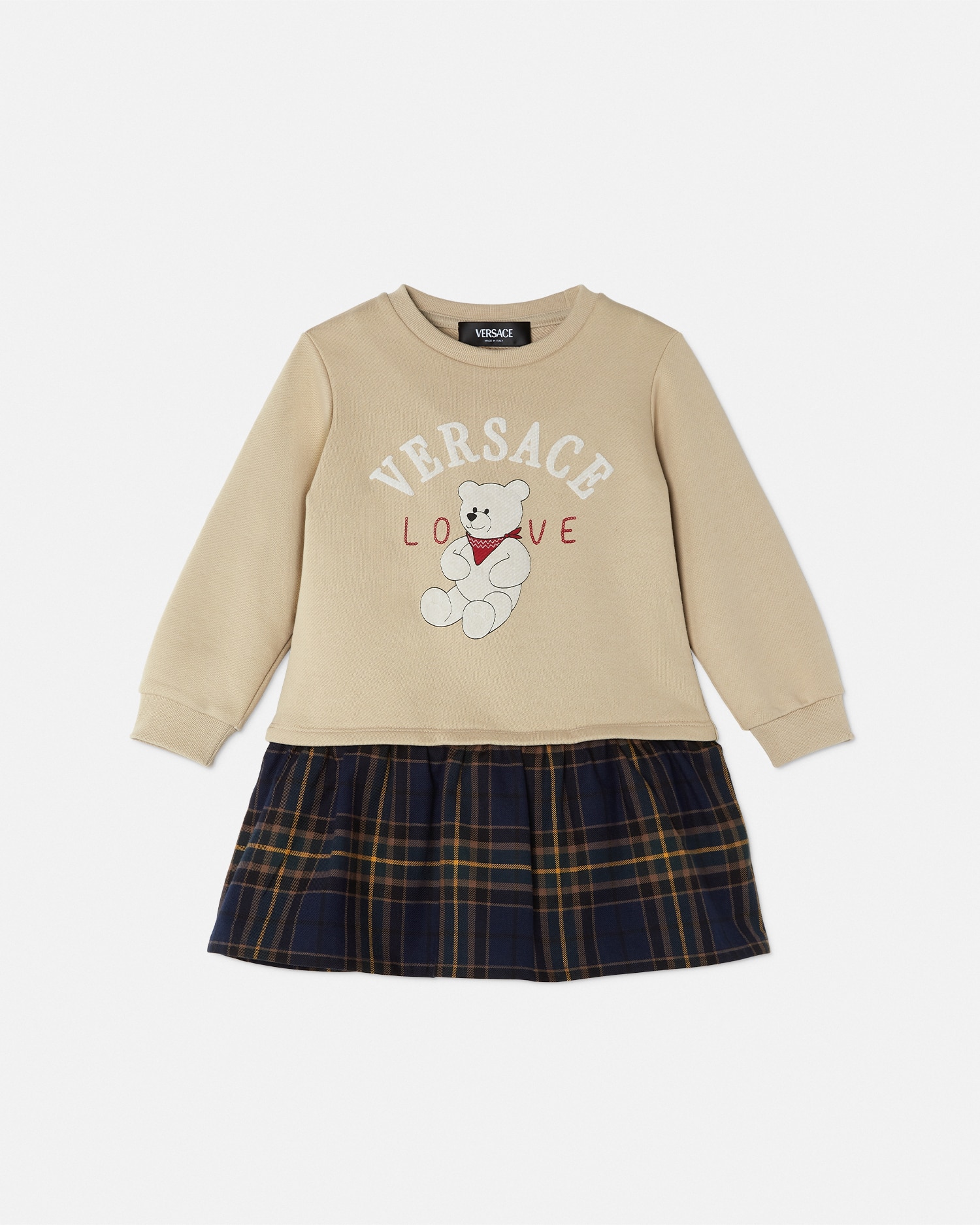 Versace Tartan Love Teddy Kids Sweatshirt Dress In Blue+beige