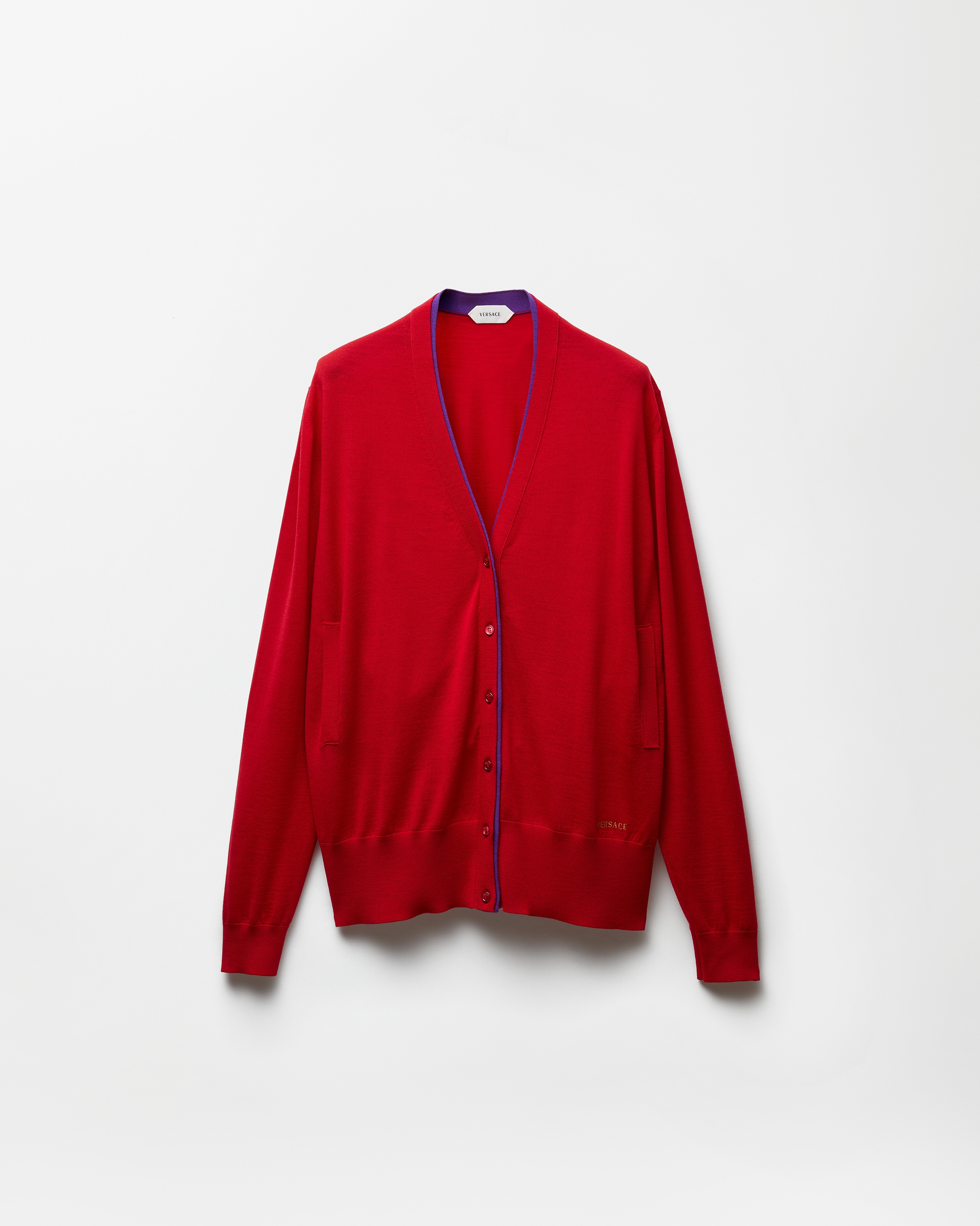 Versace Embroidered Wool Knit Cardigan In Red
