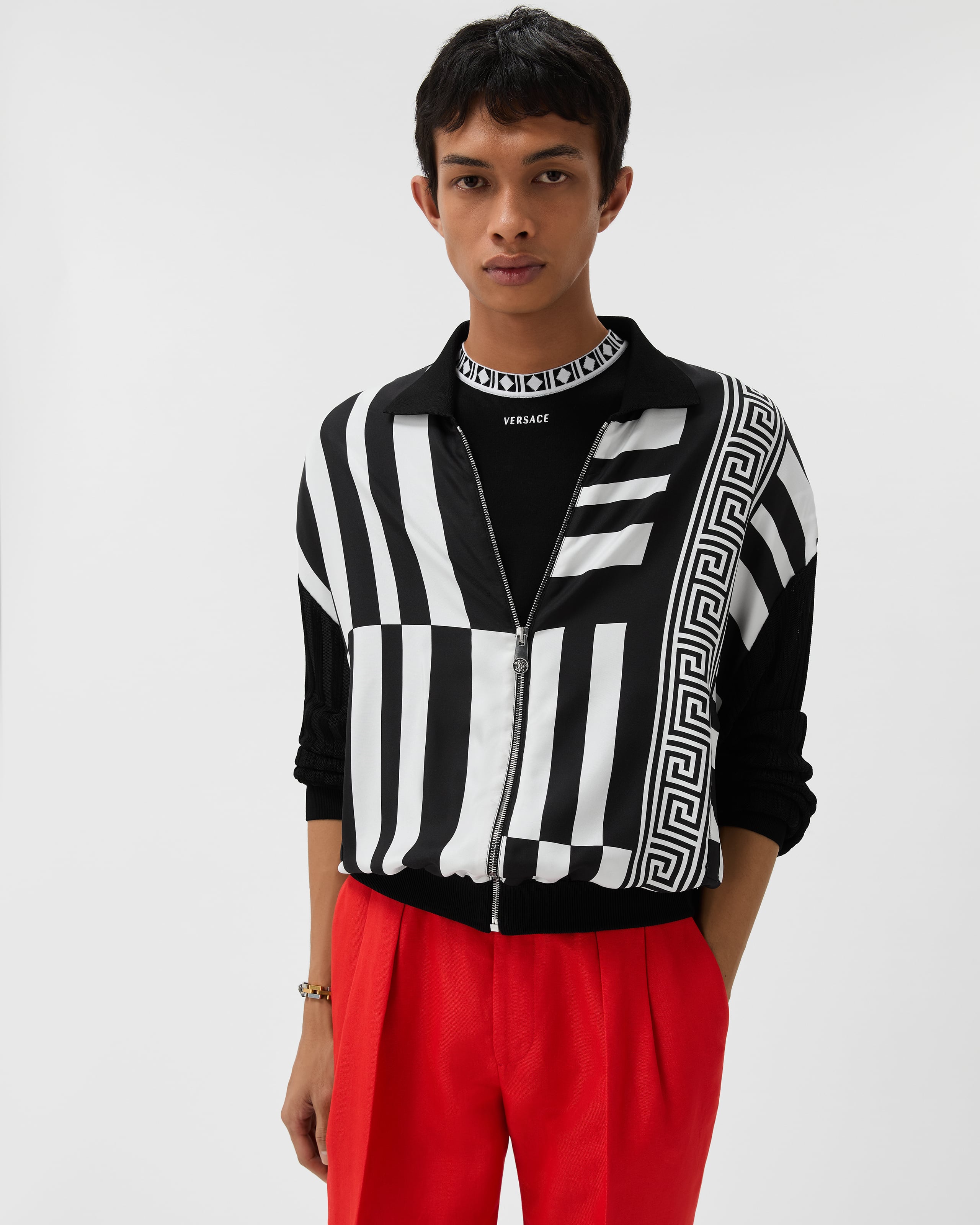 Knit Zip Cardigan with Printed Silk Inserts Black | VERSACE US