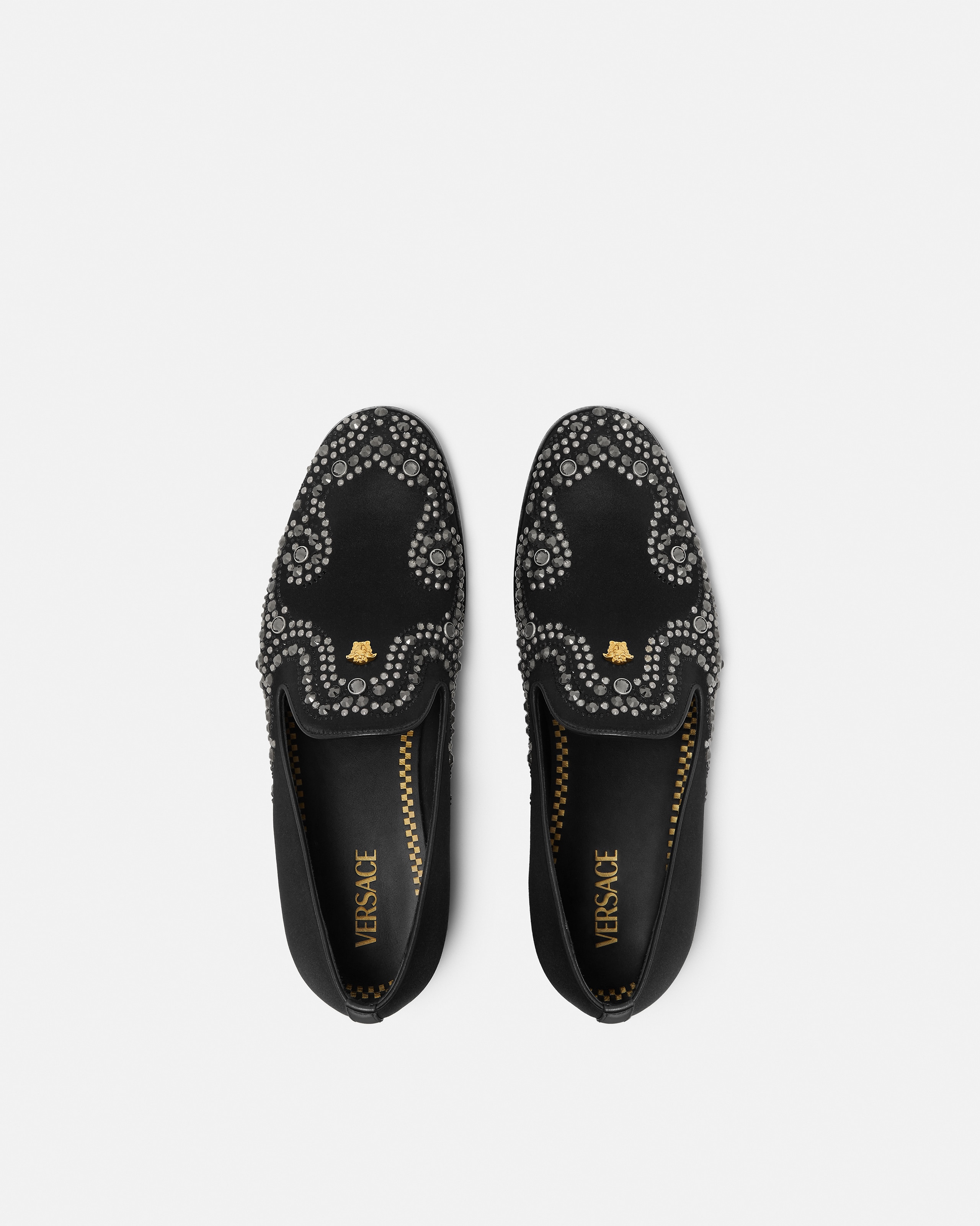 Medusa Embellished Satin Slippers