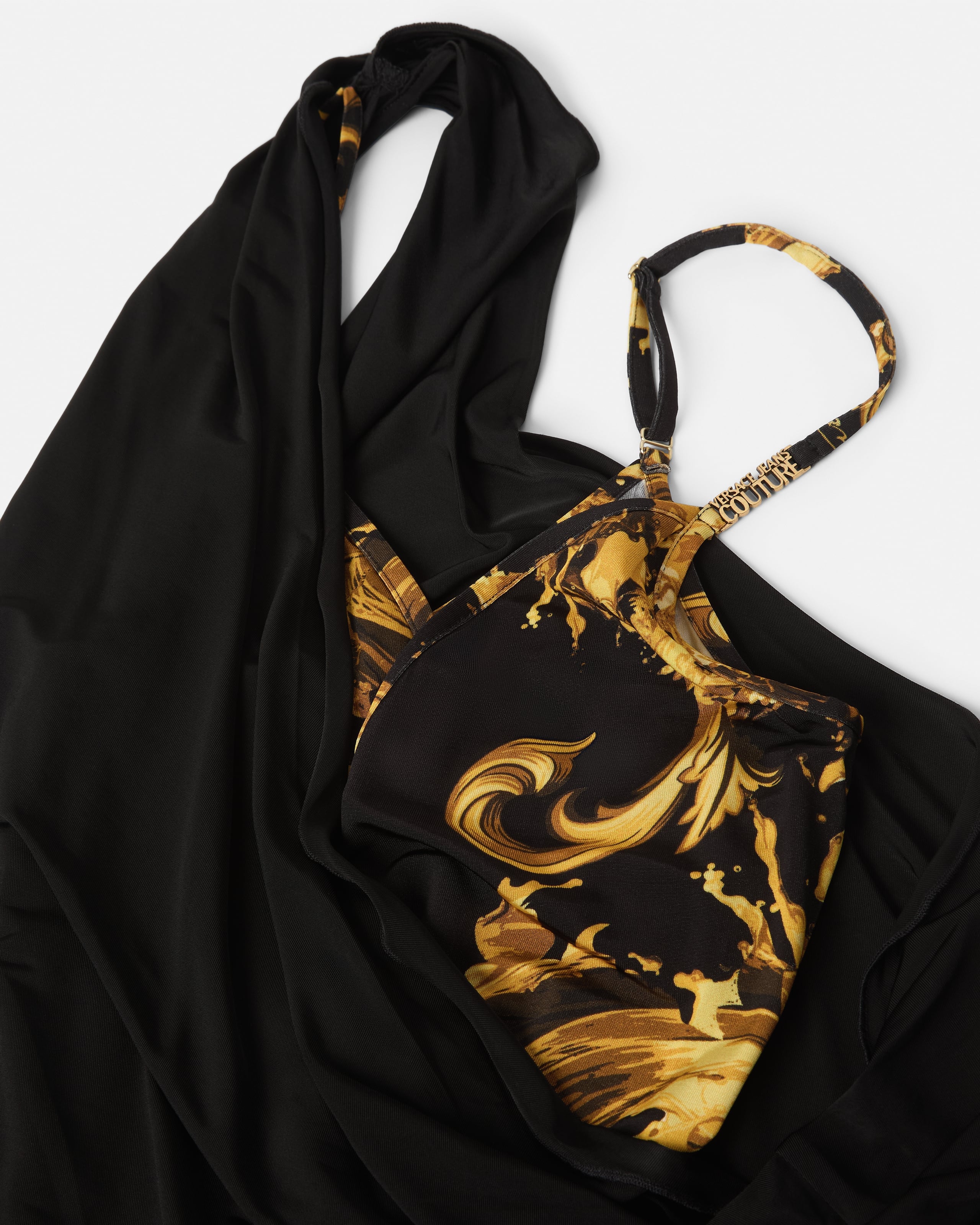 Versace Jeans Couture Printed Viscose Draped Midi Dress, Female, Black+gold, 50