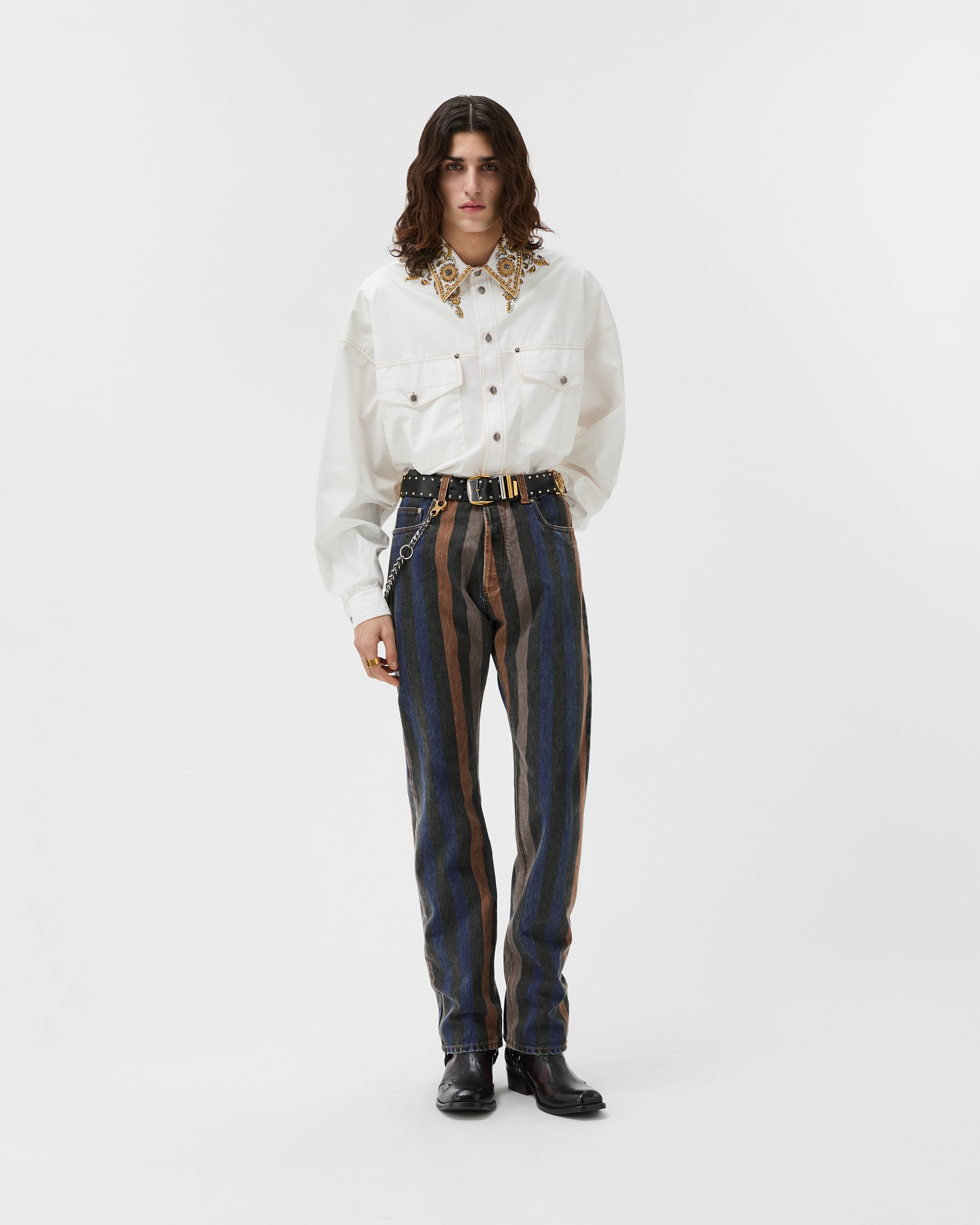 Versace Denim Jeans Striped Pattern Belt Loops In Multi