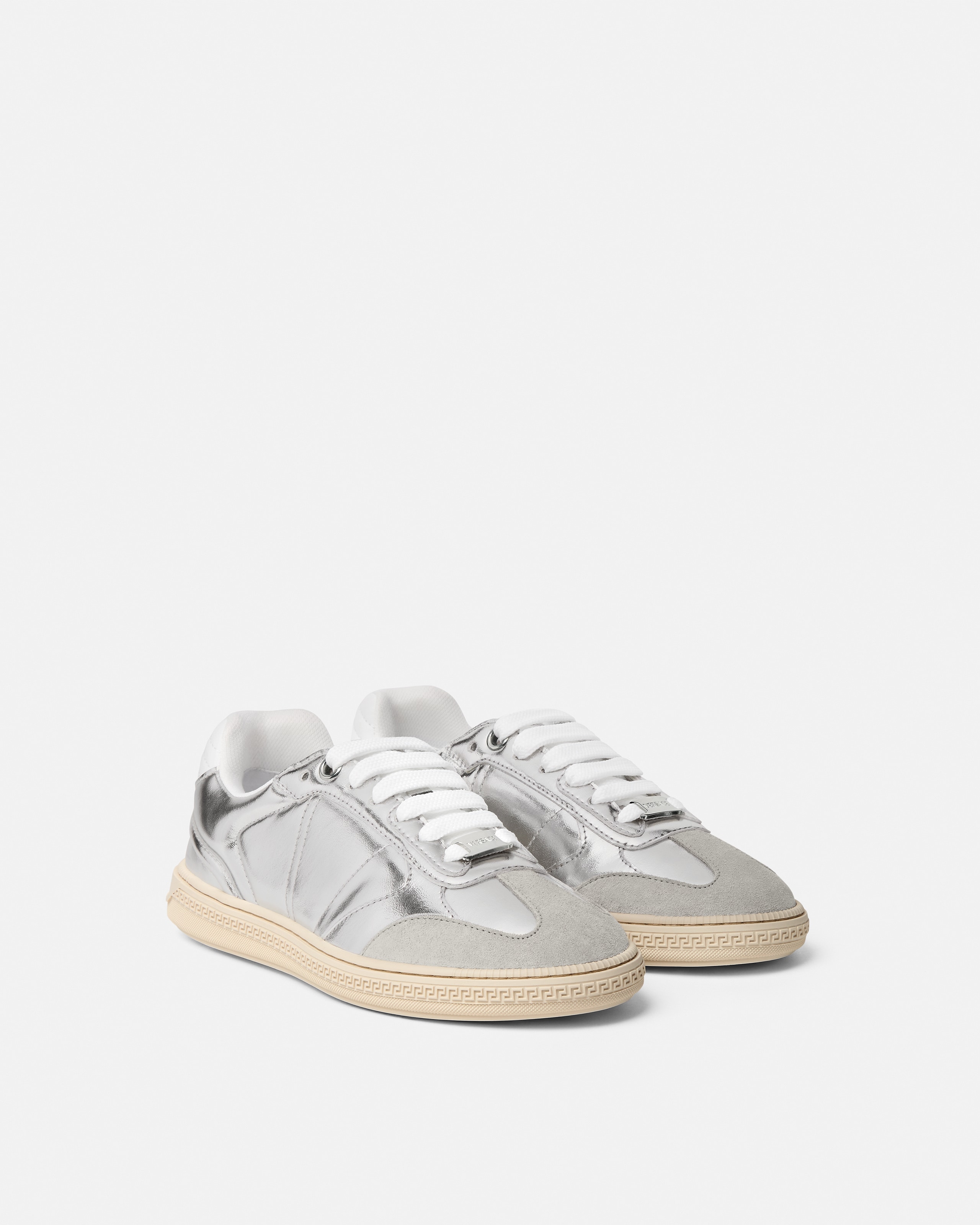 Greca Court Metallic Sneakers Silver | VERSACE US