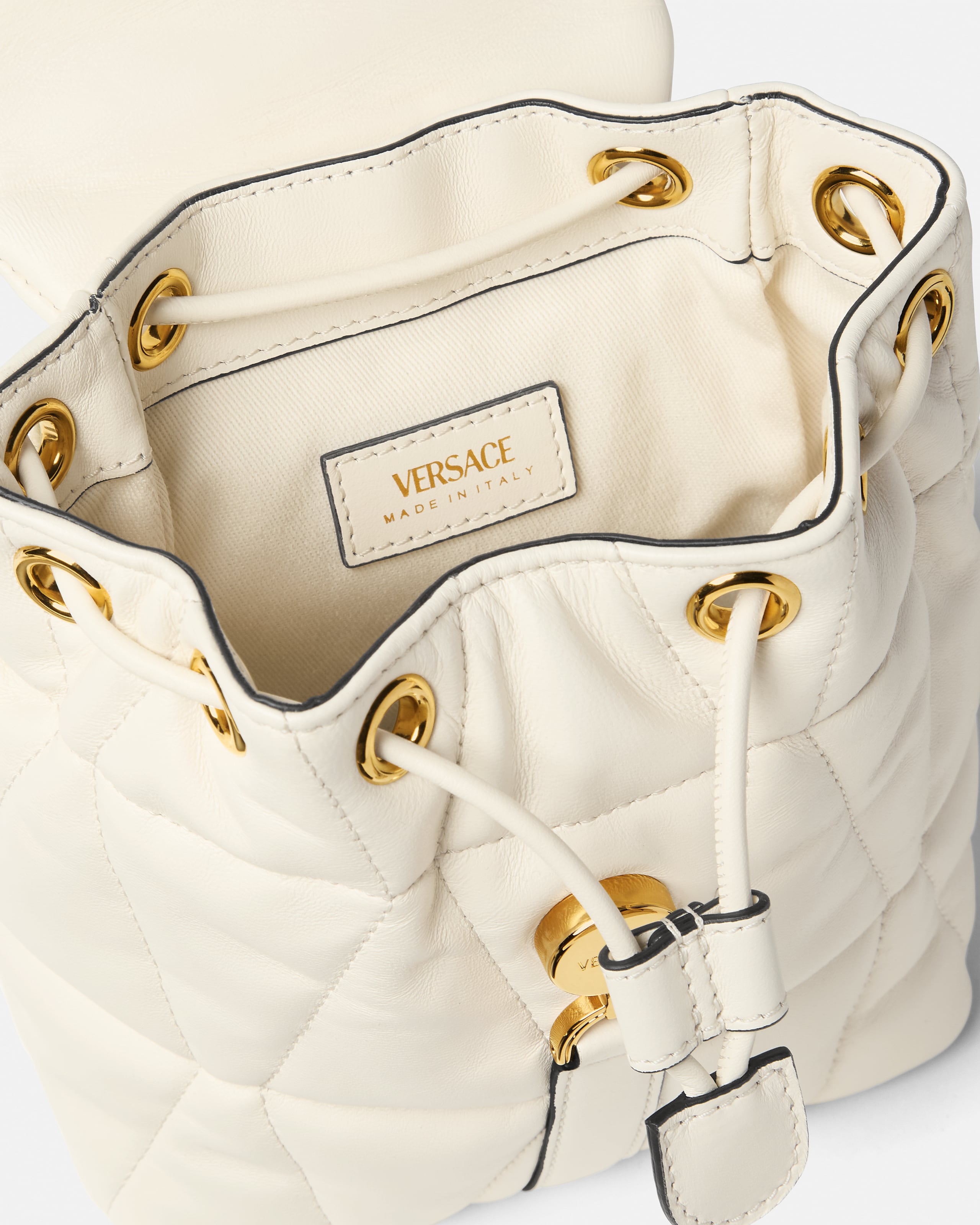 Kleio Quilted Nappa Backpack White,Gold | VERSACE US