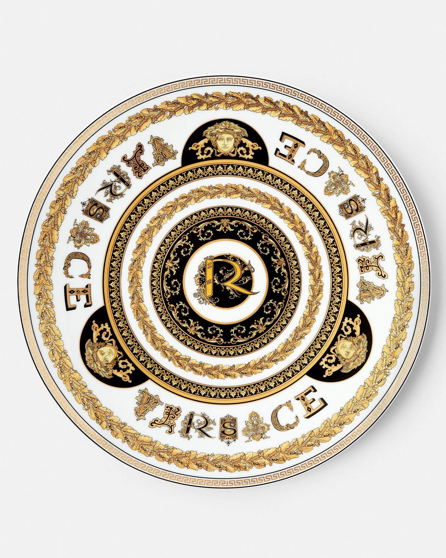 Versace Virtus Alphabet R Charger Plate 33 Cm In White+gold