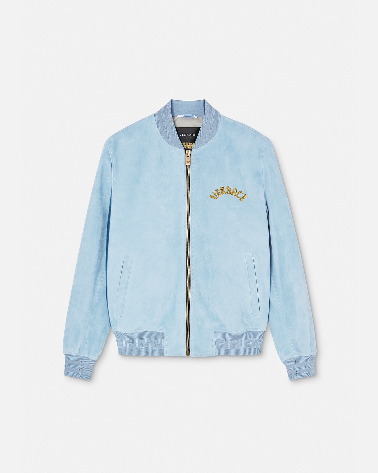 Versace Seashell Baroque Logo Suede Jacket In Light Blue ModeSens