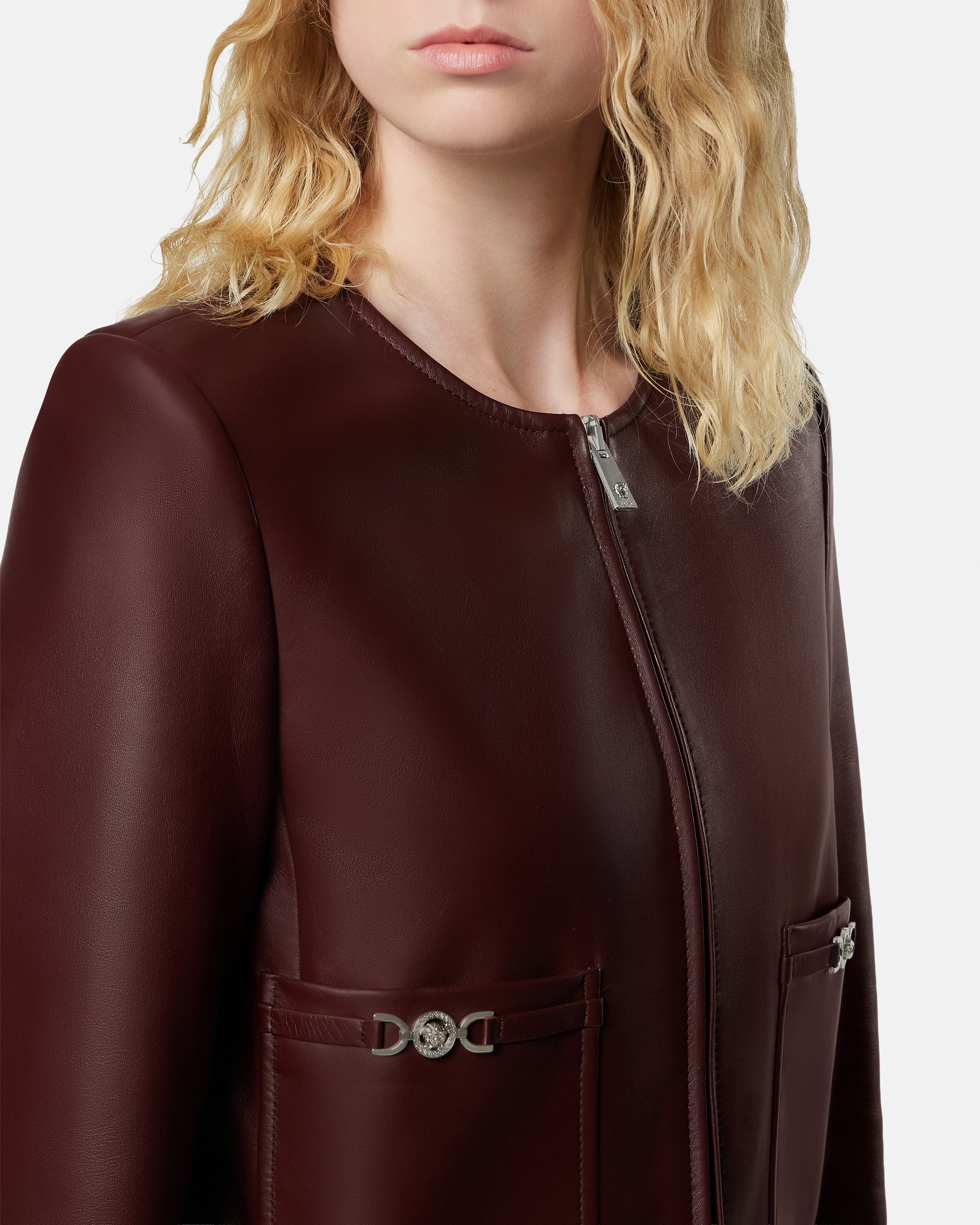 Leather Zipped Jacket Burgundy | VERSACE US