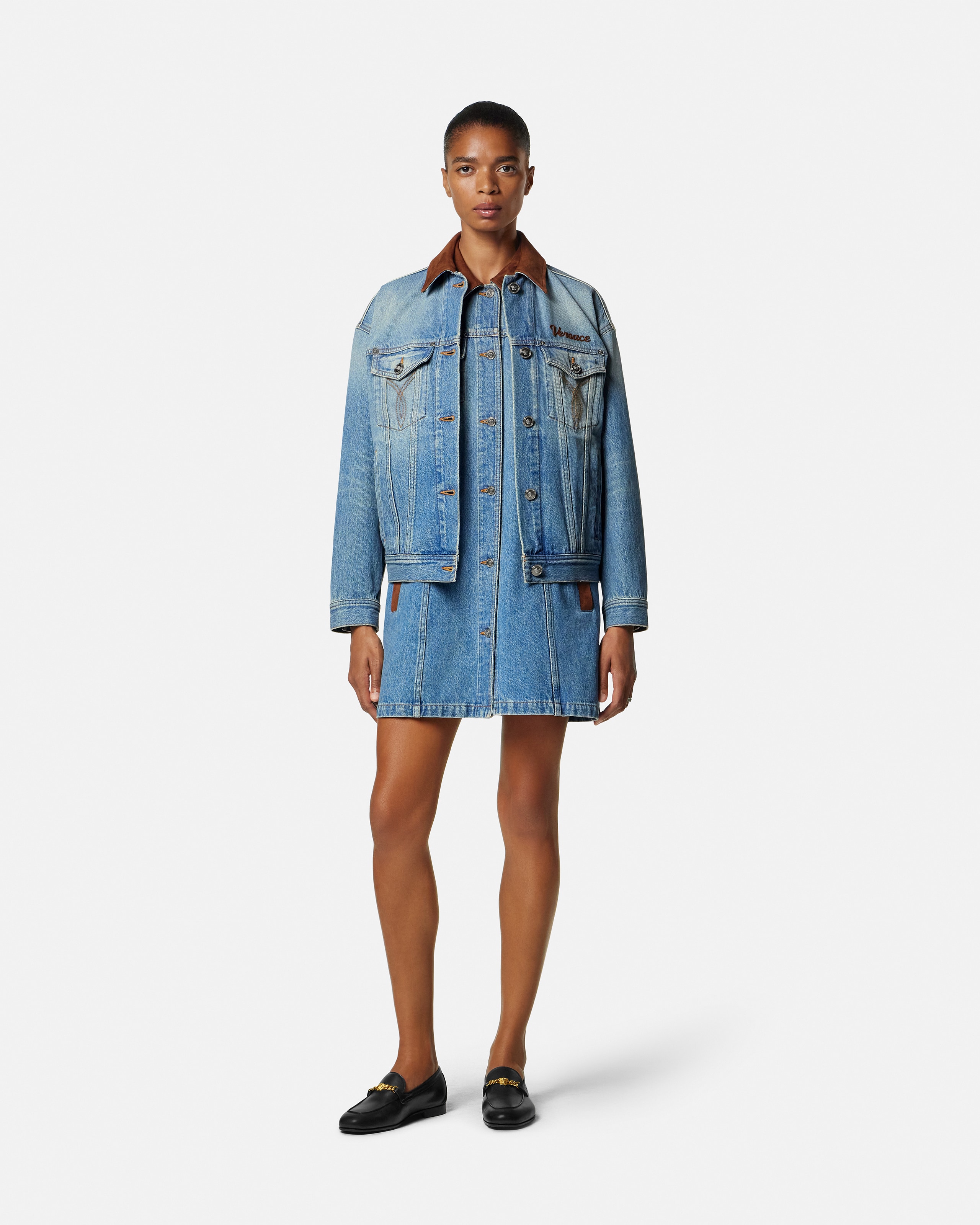 versace denim dress Embellished Denim Fitted Midi Dress Black
