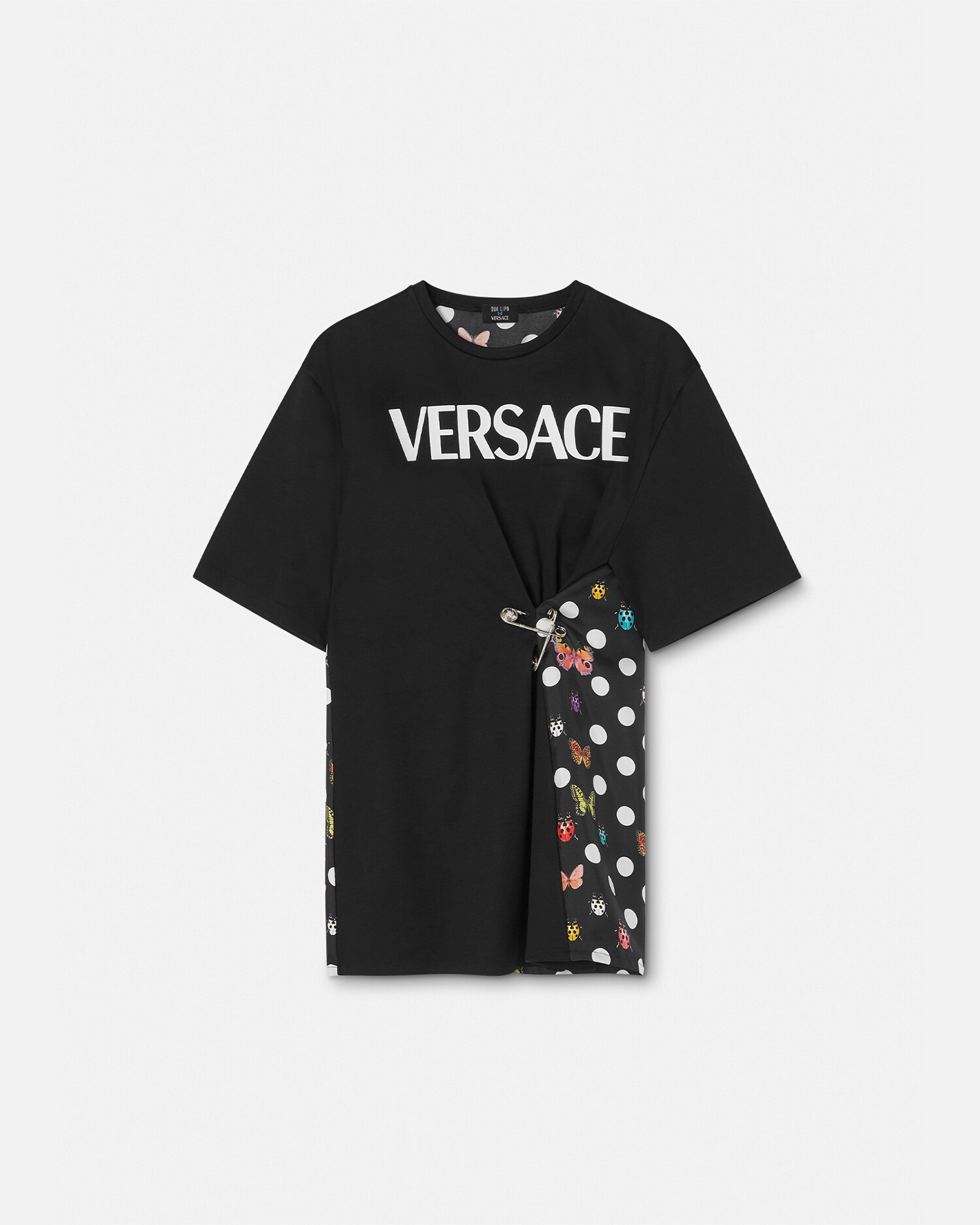Versace Pin-tucked Jersey T-shirt With Silk Printed Back In Black+orange+red