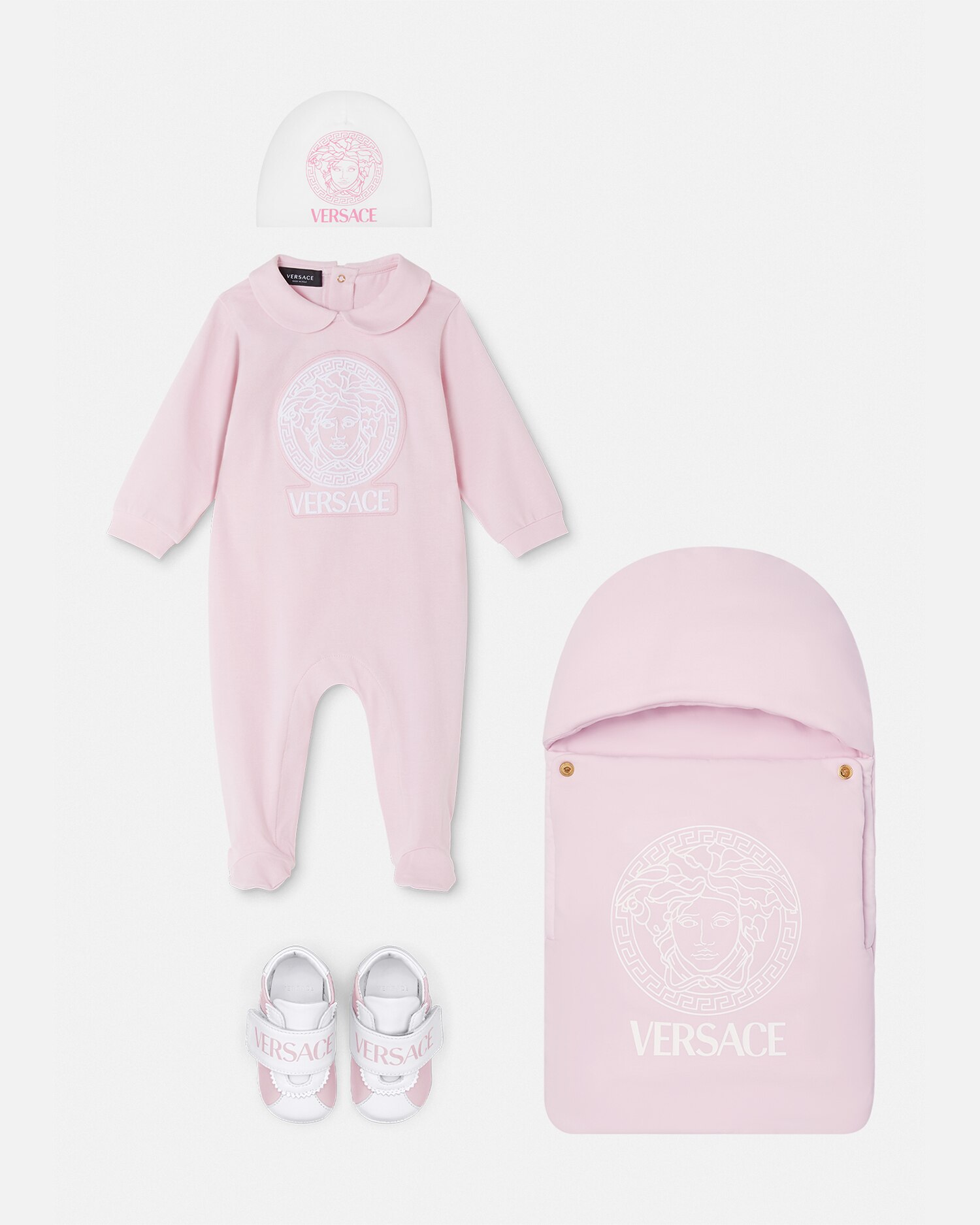 Embroidered Medusa Baby Sleepsuit In Light Pink