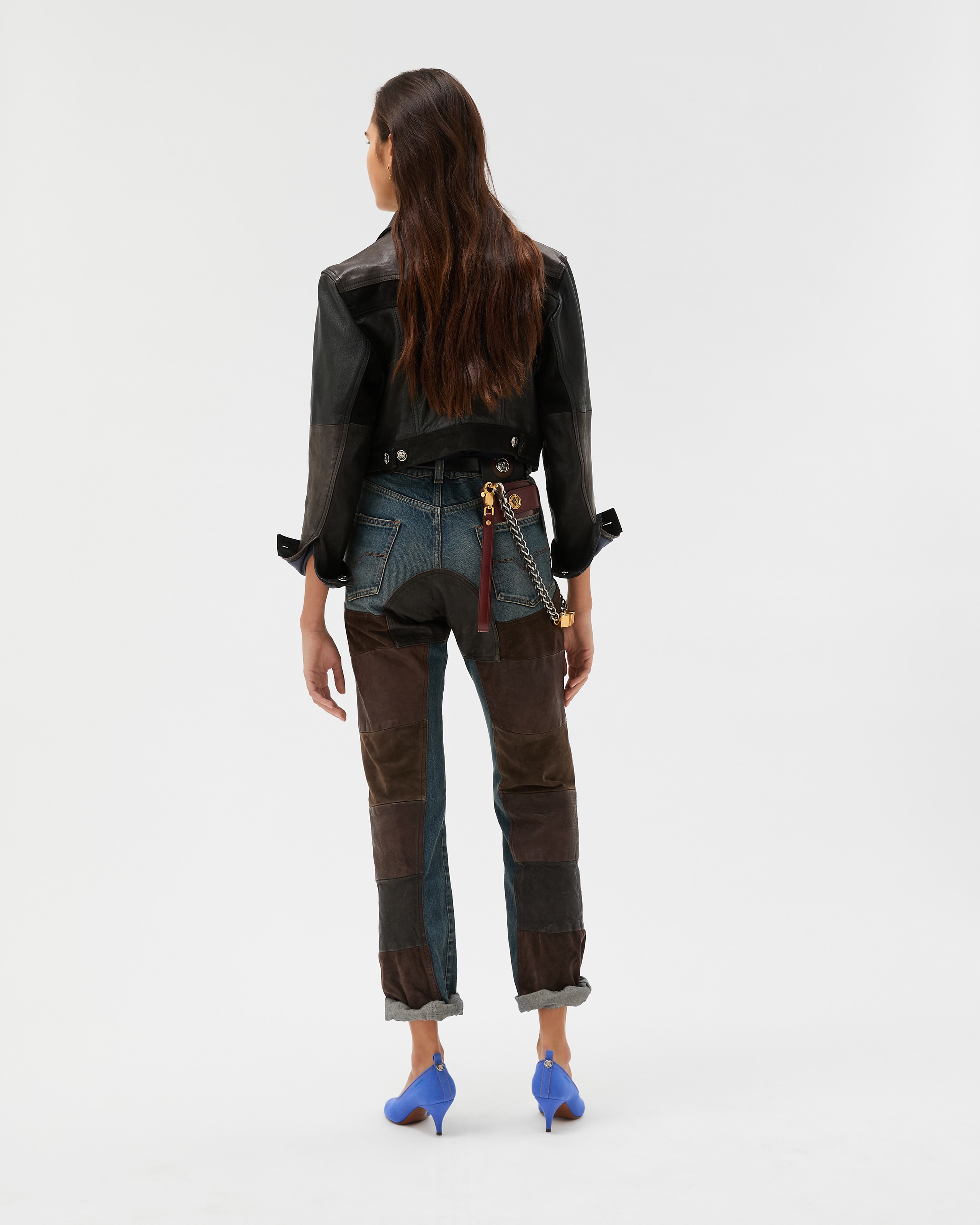 Leather Patchwork Straight Jeans Blue,Brown | VERSACE US