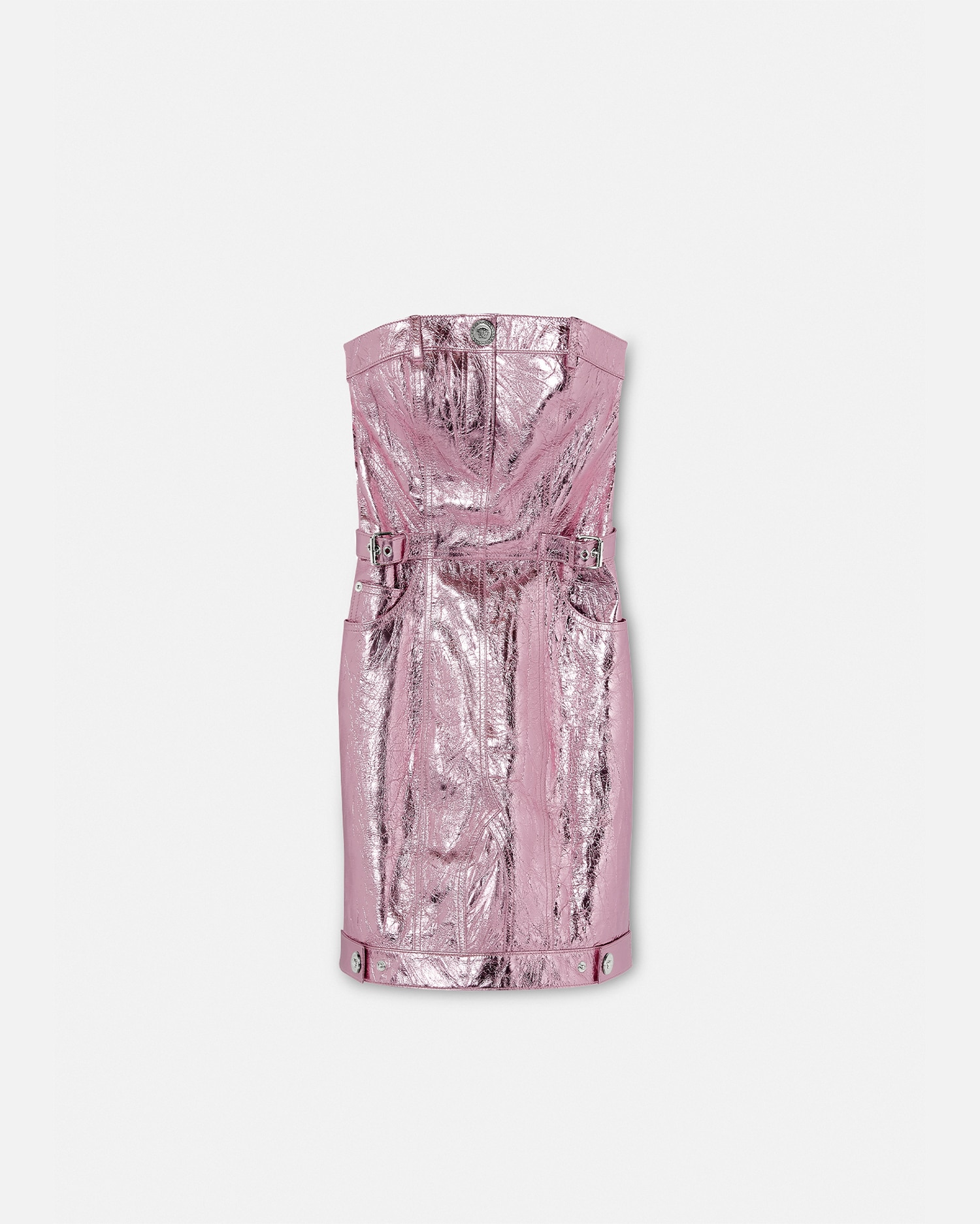 Versace Metallic Leather Mini Dress In Pink