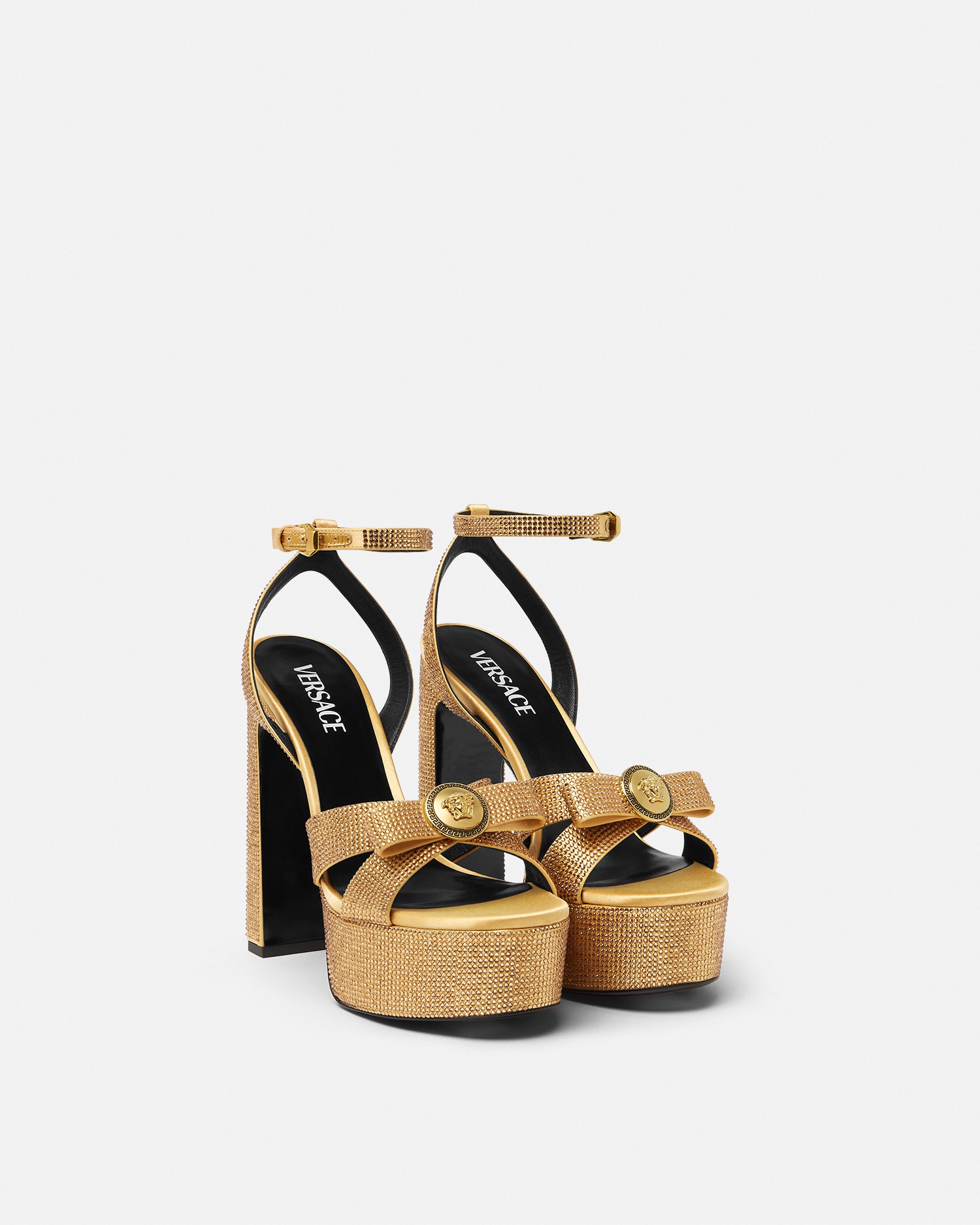 Versace Gianni Ribbon Sandales Satin Cristaux 140 Mm In Gold