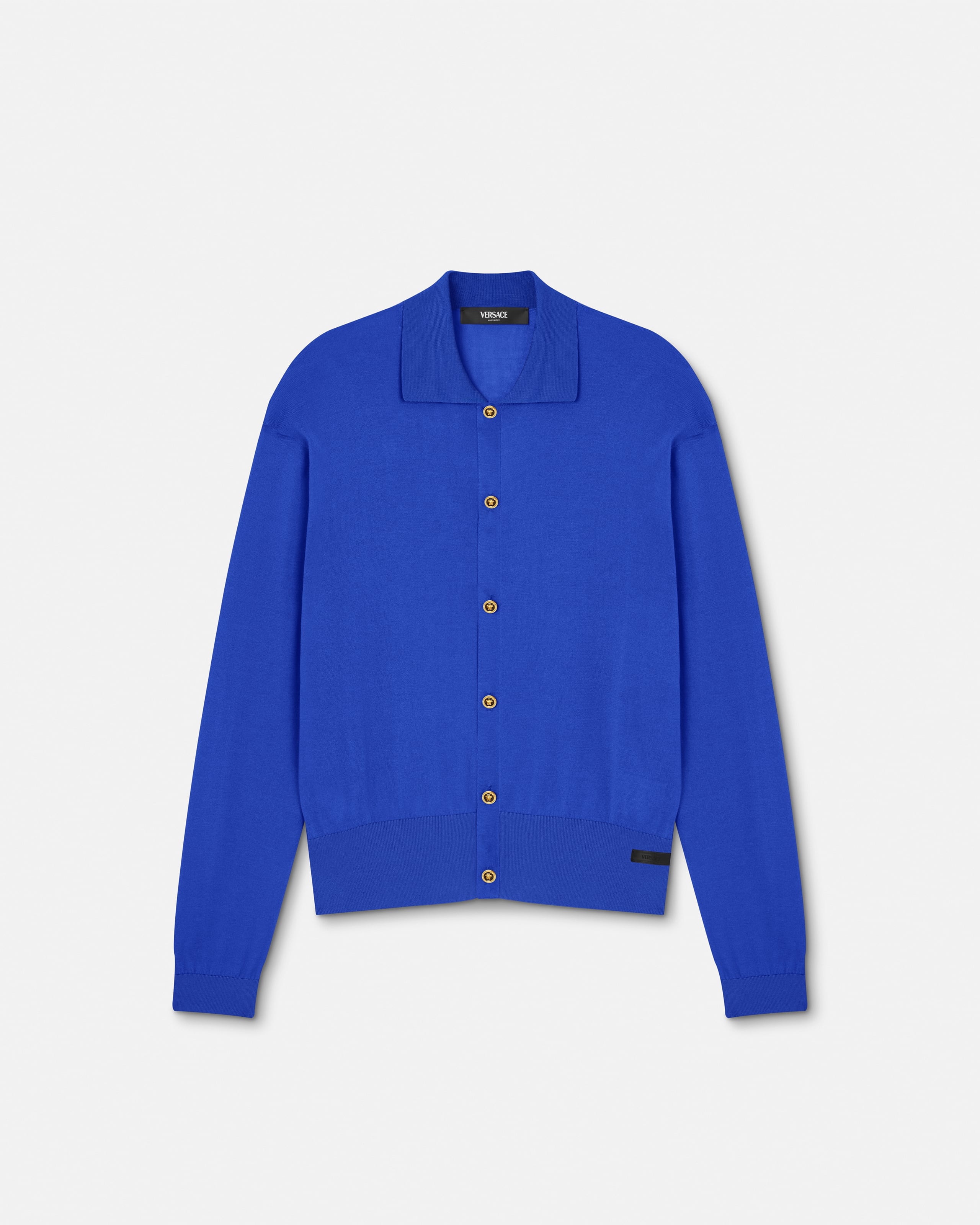 Silk-Cotton Knit Polo Cardigan Black | VERSACE US