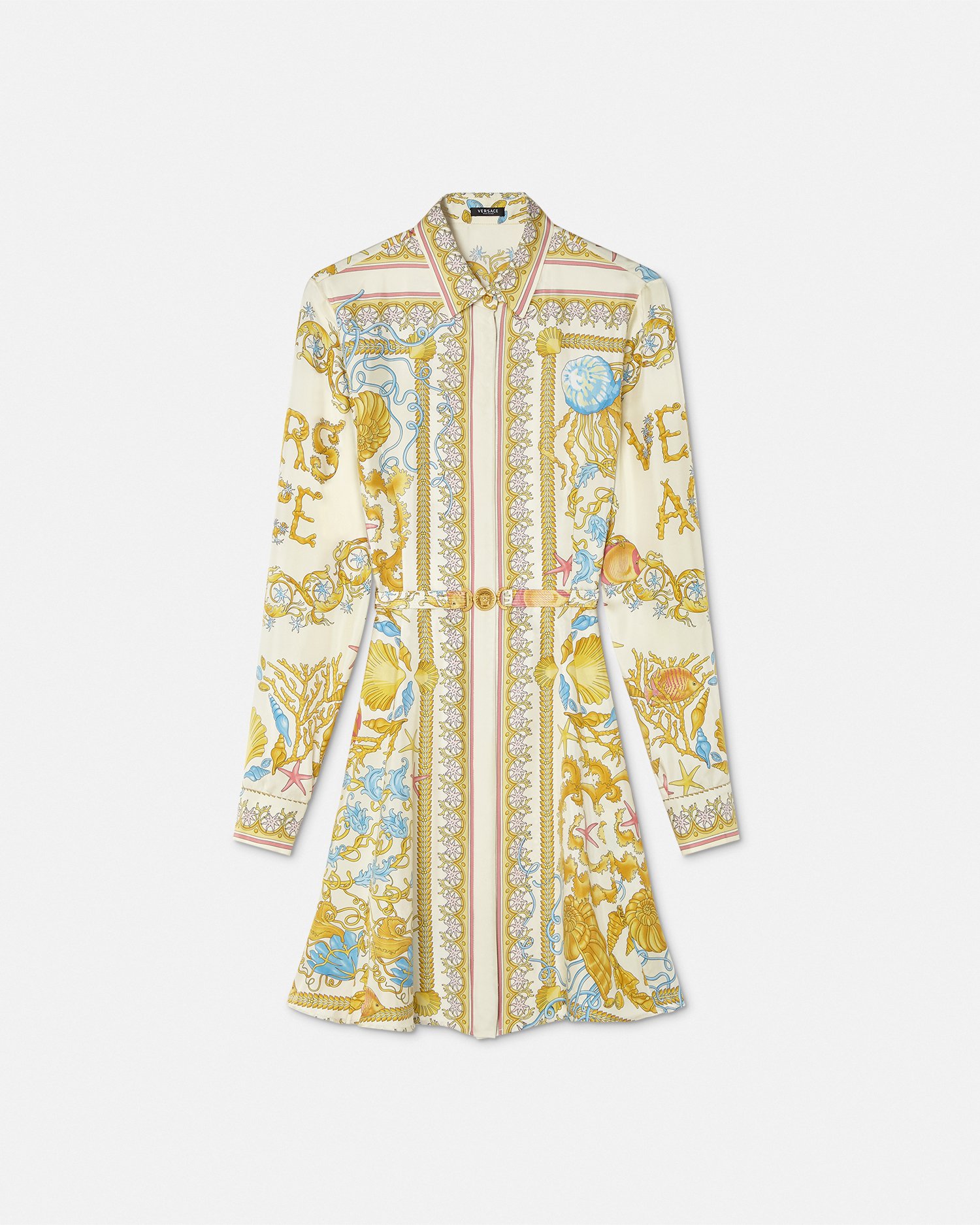Versace Underwater Barocco Silk Midi Shirt Dress