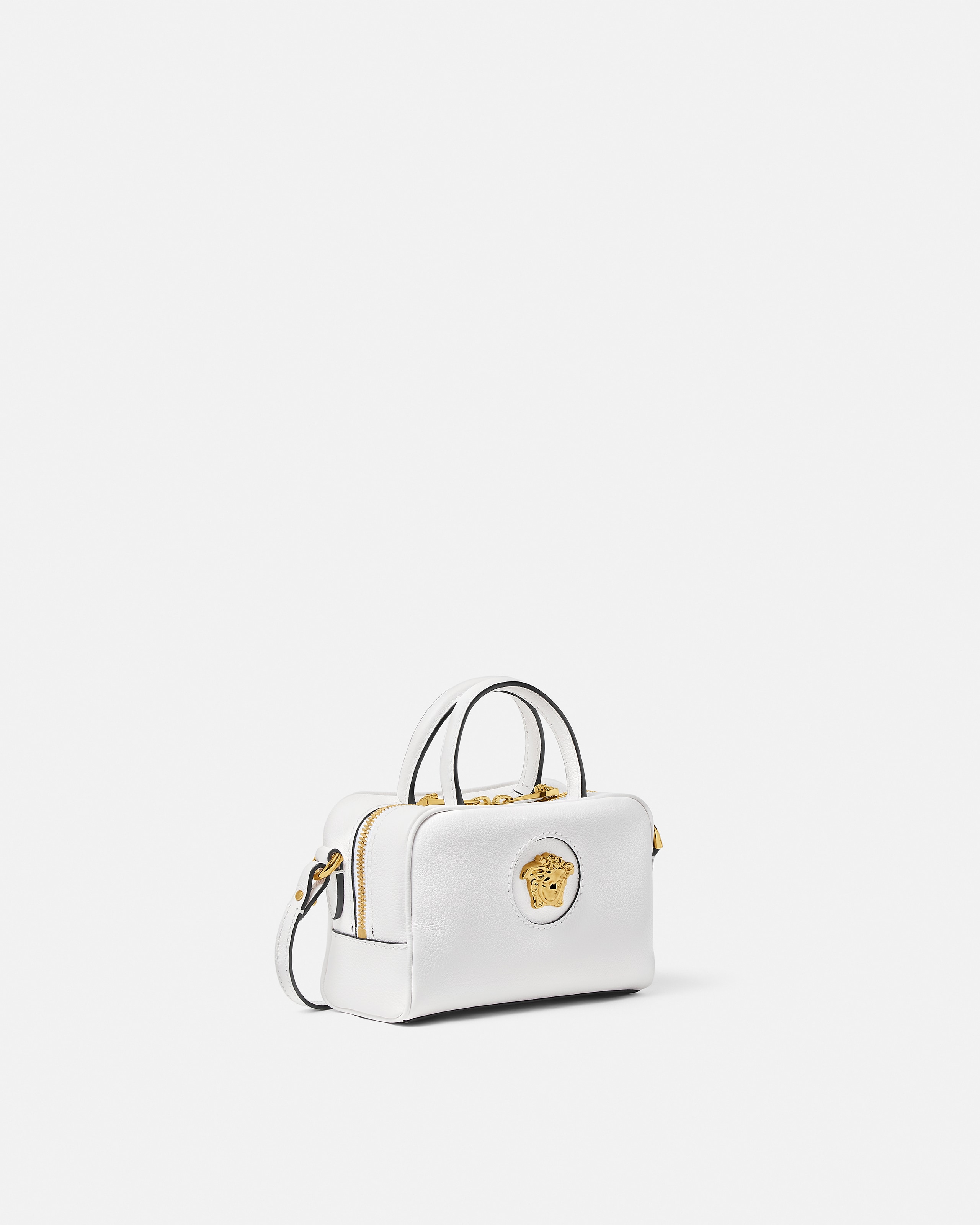 Versace La Medusa Leather Mini Boston Bag In White