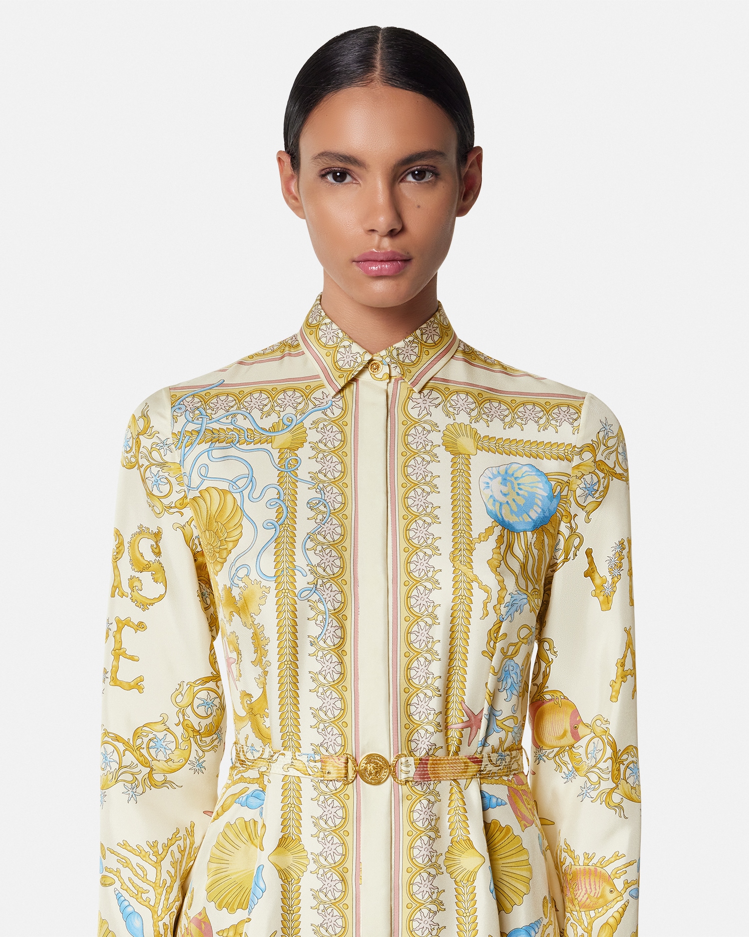 Underwater Barocco Silk Midi Shirt Dress