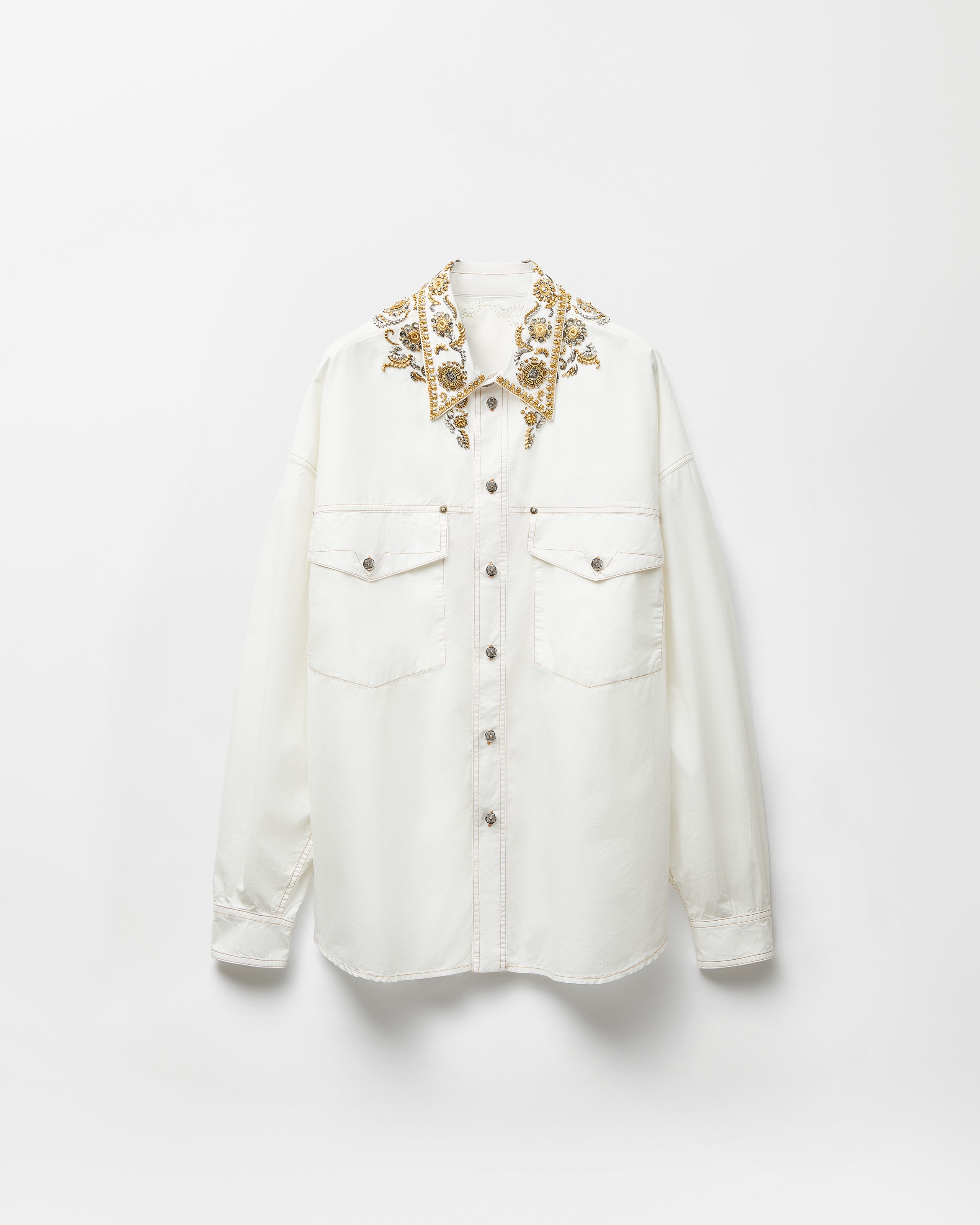 Embroidered Cotton-Poplin Shirt White | VERSACE US